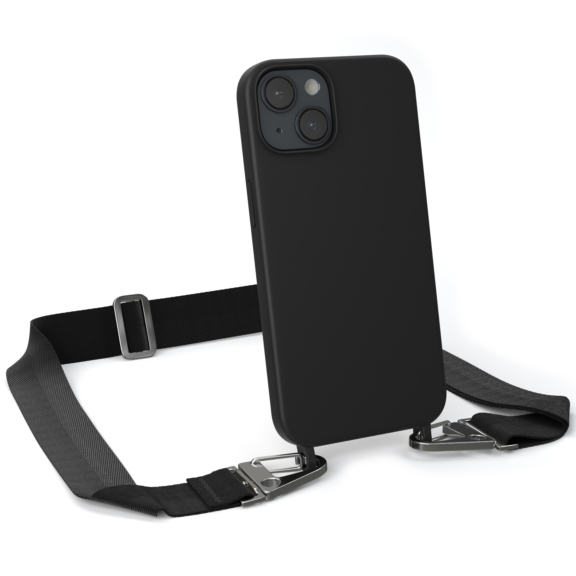 Umhängetasche, iPhone CASE EAZY mit 14, Schwarz / Breit Handy Silber Silikon Apple, Kette Hülle, Karabiner Premium