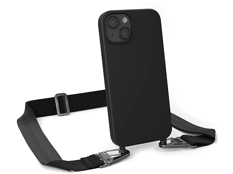 EAZY CASE Handy Kette Breit / Premium iPhone mit 14, Apple, Silikon Umhängetasche, Hülle, Silber Schwarz Karabiner