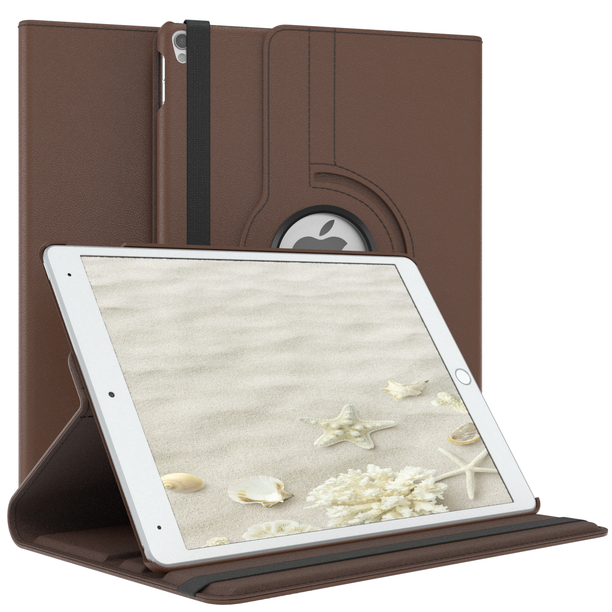 Braunes Tablet in einer Hülle. Das Tablet zeigt eine Strandszene. Die Hülle ist aufgeklappt.