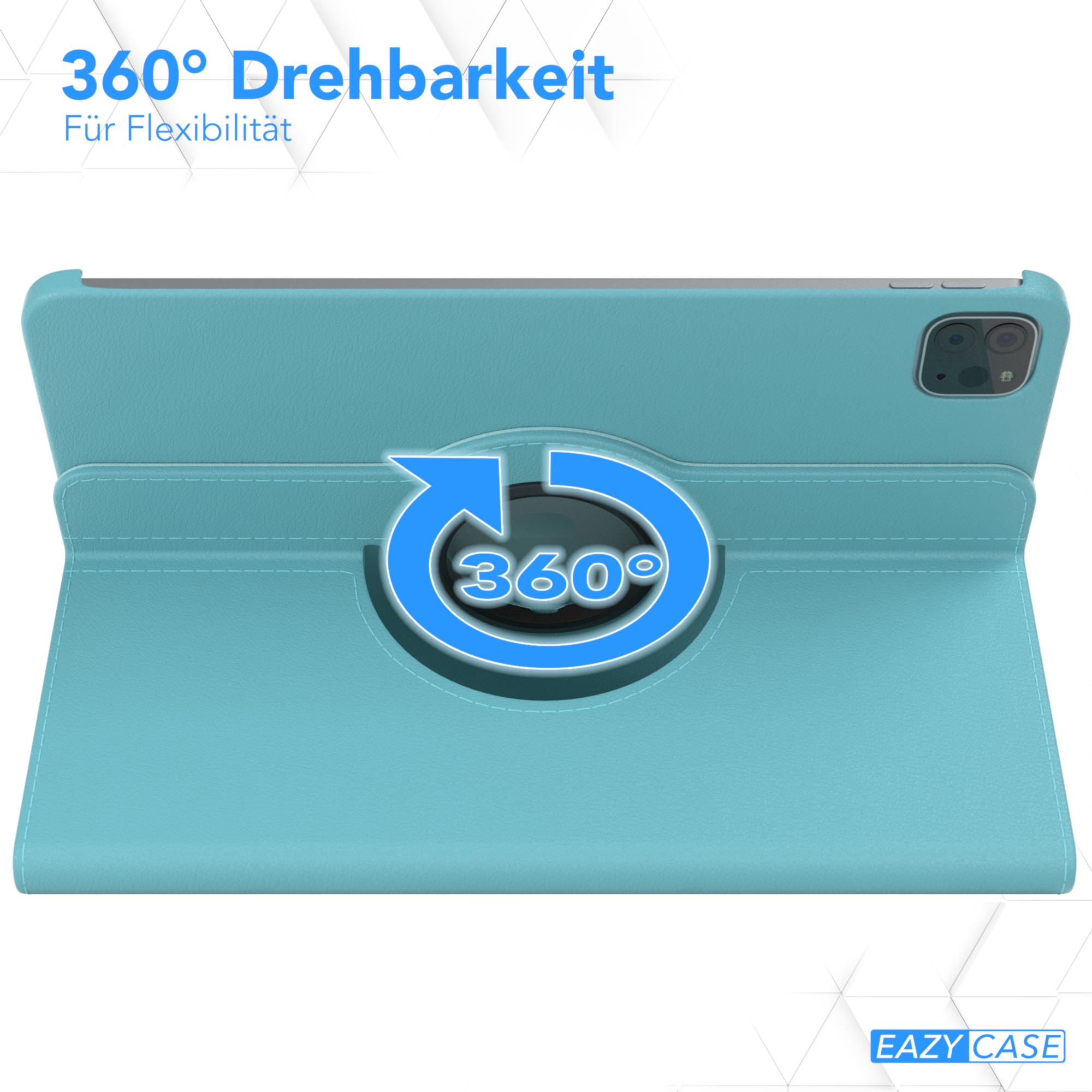 Blaue Tablet-Hülle mit 360-Grad-Rotationssymbol.