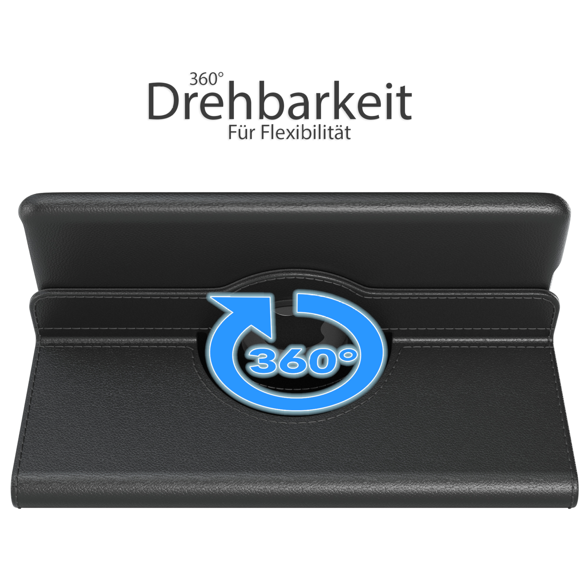 Schwarze Tablet-Hülle, offen, mit 360°-Drehsymbol. Text: 360° Drehbarkeit für Flexibilität.