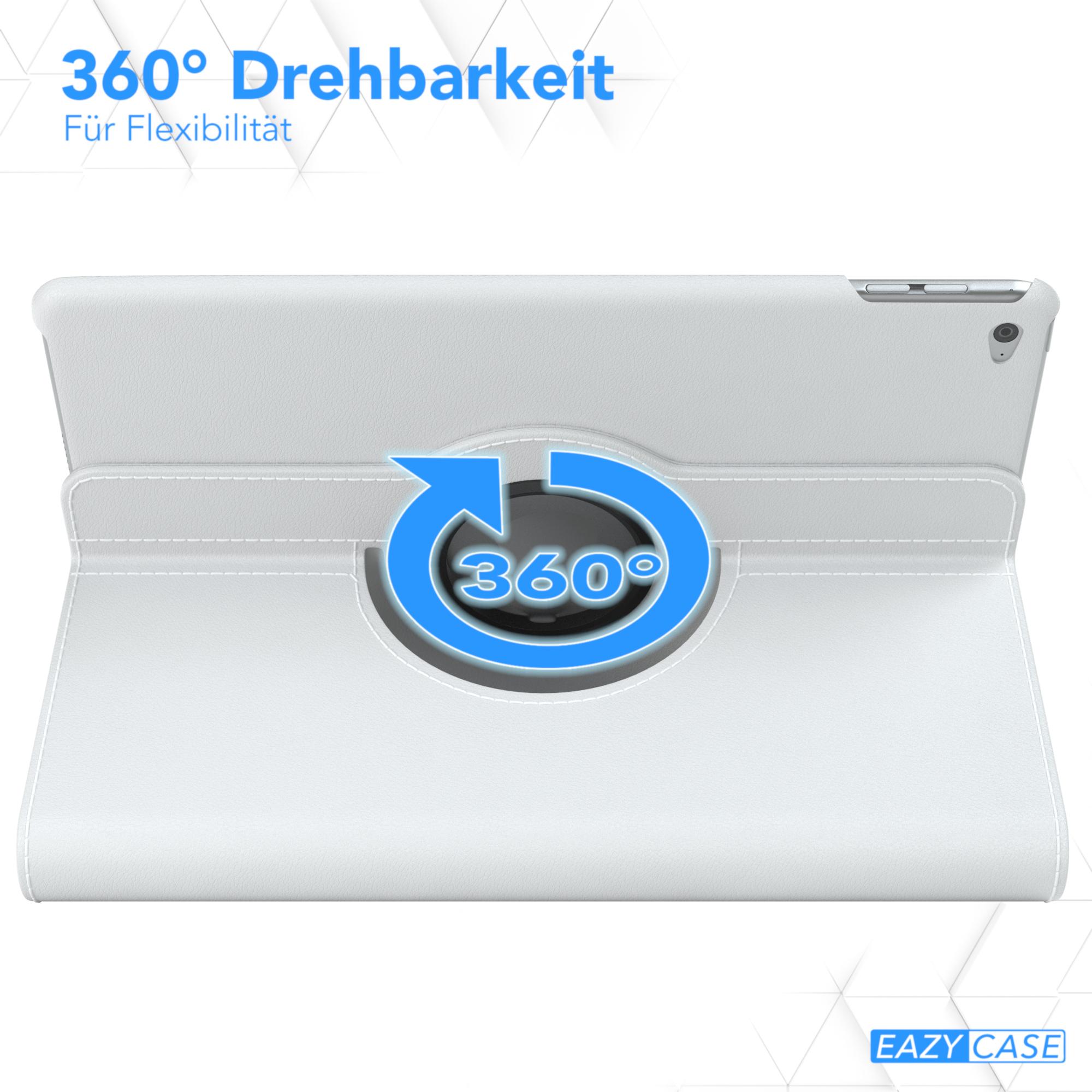 Weiße Tablethülle, geöffnet, mit einem Drehmechanismus. Text: 360° Drehbarkeit für Flexibilität.