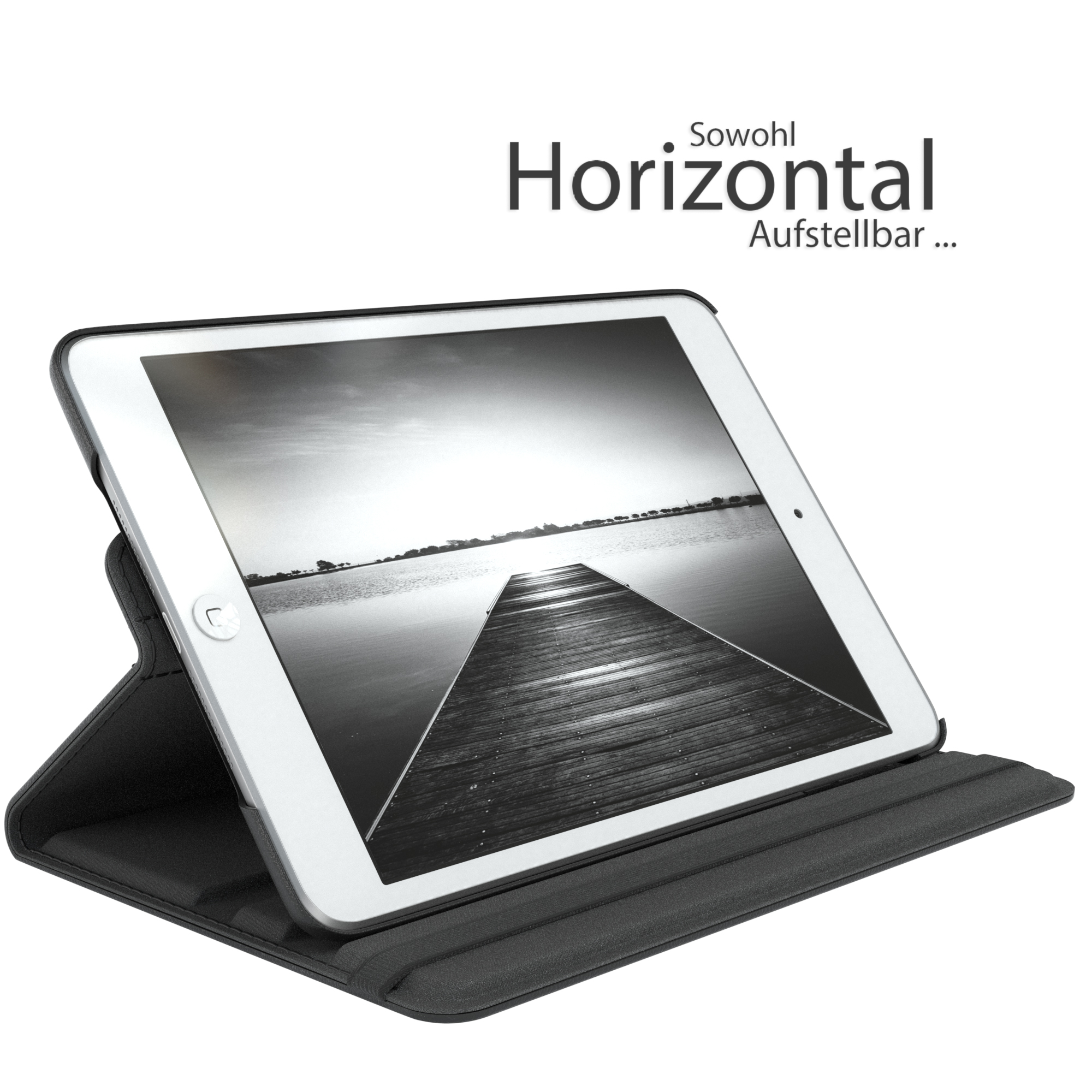 Ein Schwarz-Weiß-Bild einer Tablethülle mit einem Tablet. Der Bildschirm zeigt einen Pier.