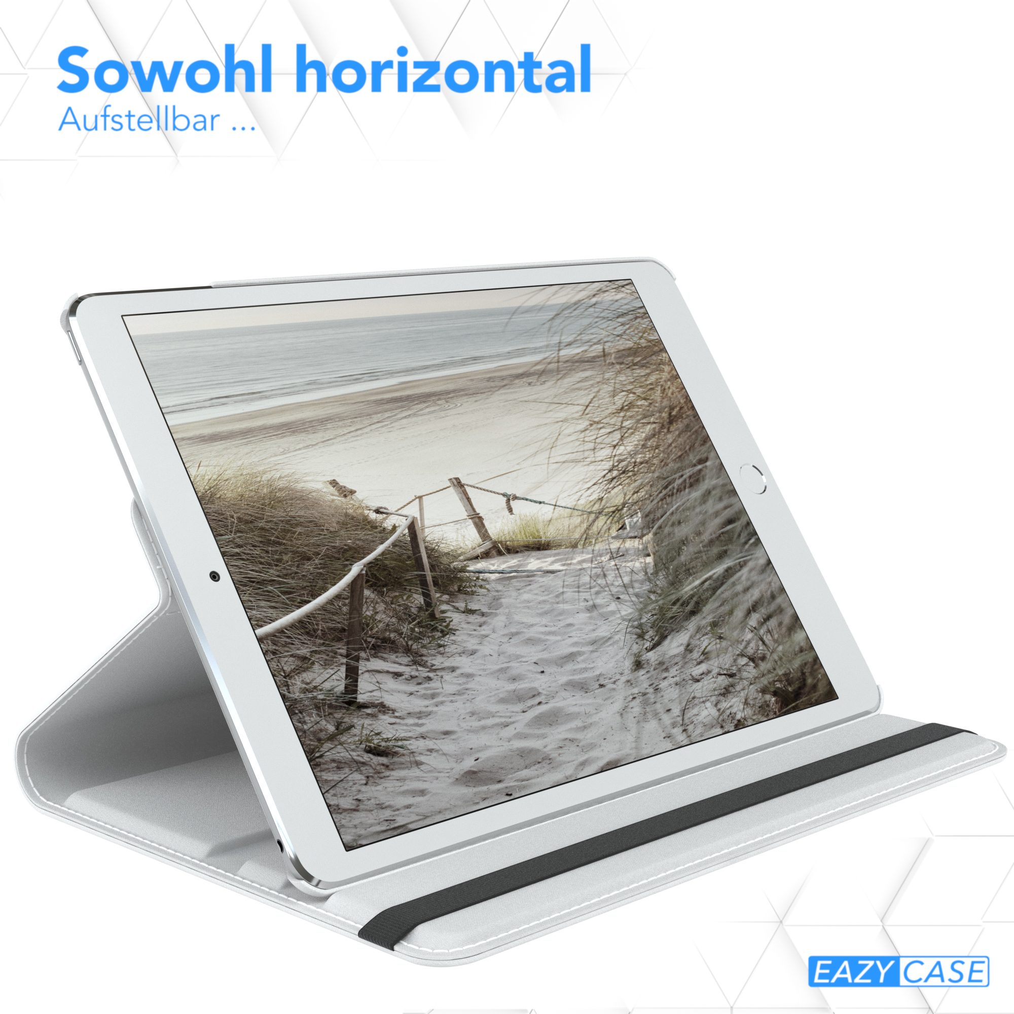 Weißes Tablet mit Strandansicht auf dem Bildschirm, graues Gehäuse und Text oben.