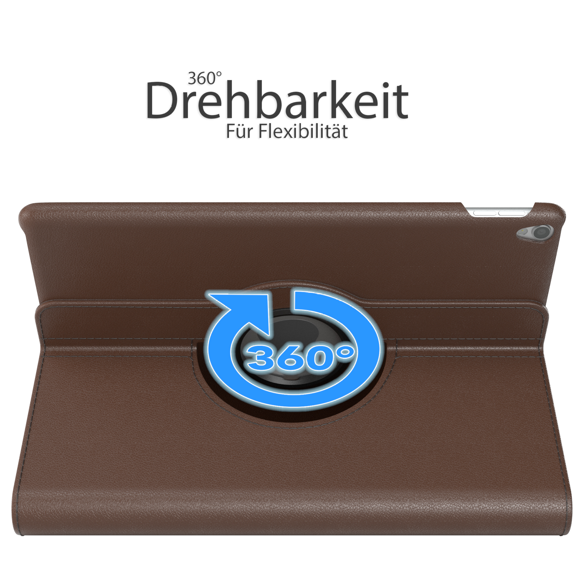 Braunes Tablet in einer braunen Hülle. Die Rückseite des Tablets wird mit einem 360°-Symbol angezeigt.