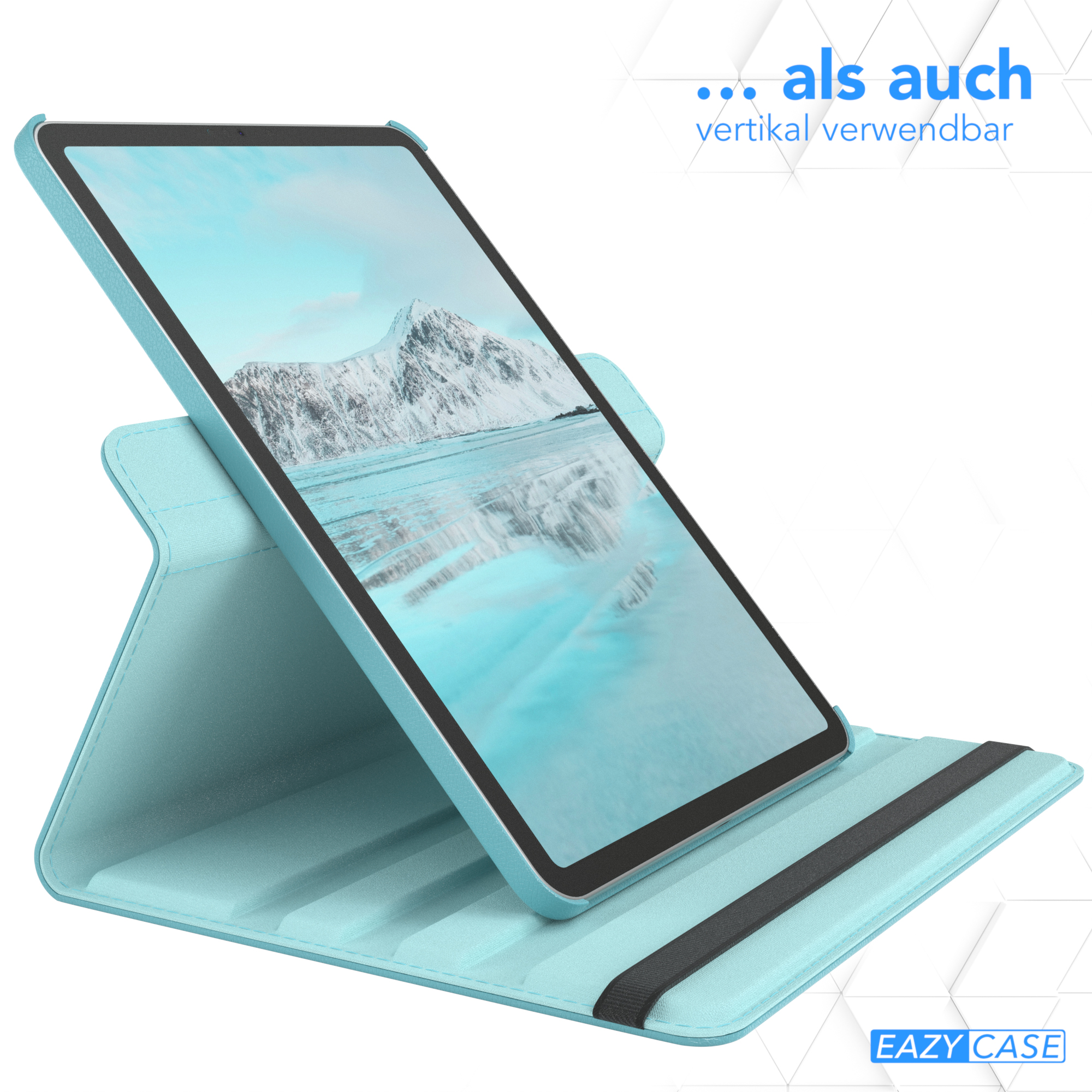 Tablet in hellblauer Standhülle. Text oben: 'Vertikal'. Tablet steht senkrecht.