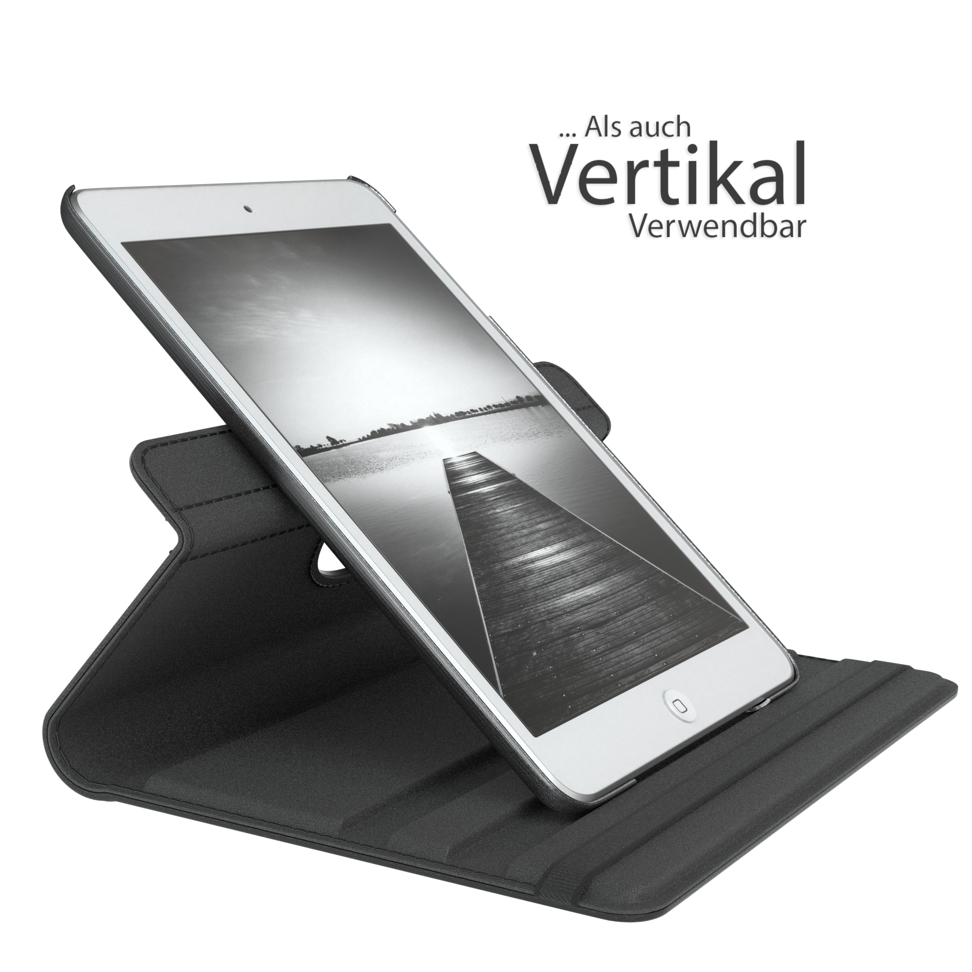Tablet in schwarzer Hülle, vertikale Anzeige.