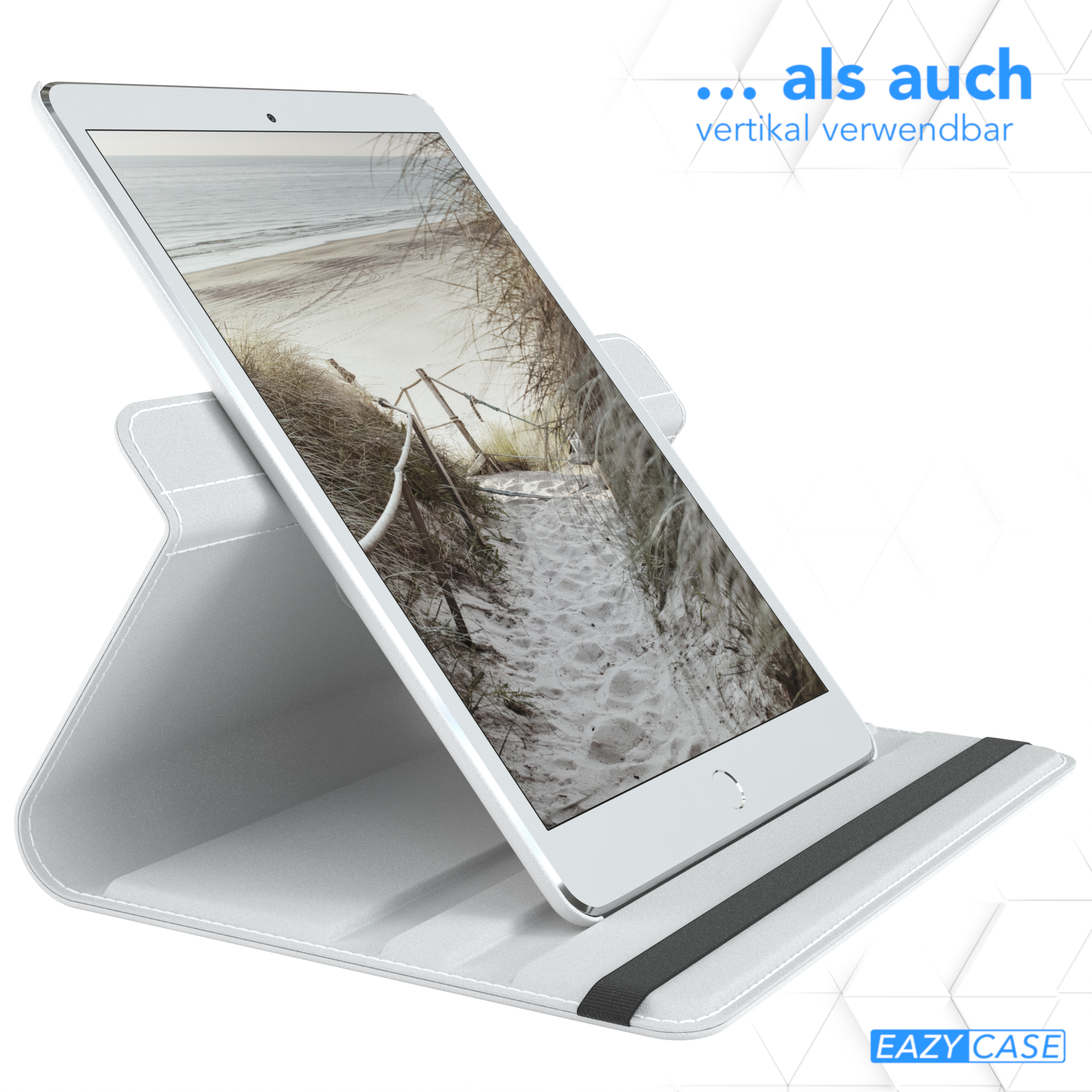 Weißes Tablet in einem Ständer. Es zeigt eine Strandszene. Die Hülle ist offen.