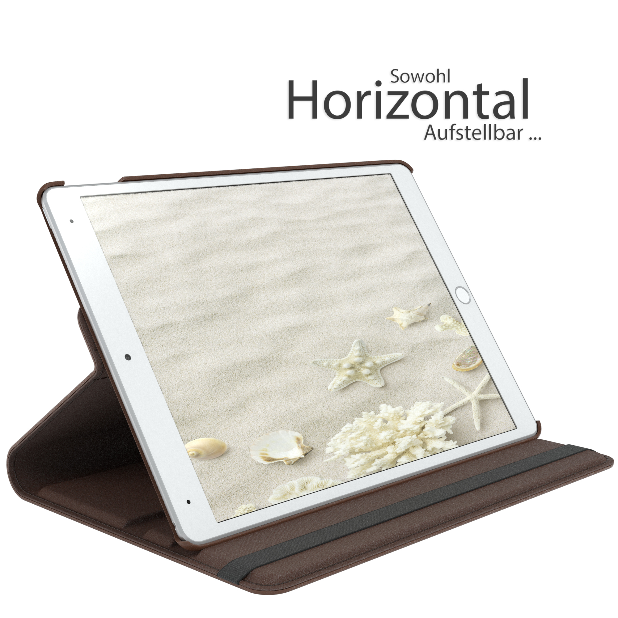 Ein Tablet in einer braunen Hülle, geöffnet, um eine Strandszene mit Seesternen zu zeigen.