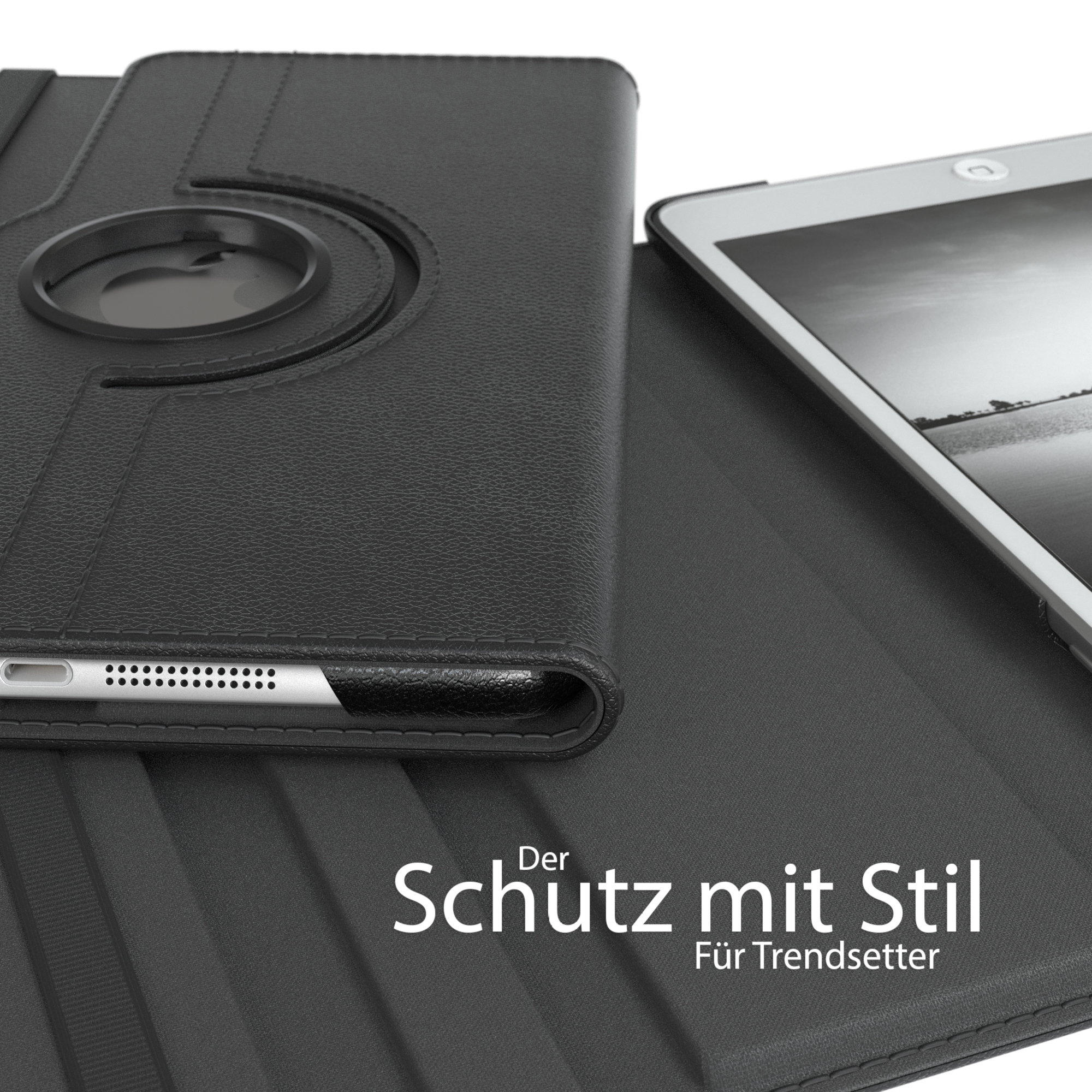 Nahaufnahme einer schwarzen Tablethülle mit einem dunkelgrauen Tablet. Text: 'Schutz mit Stil'.