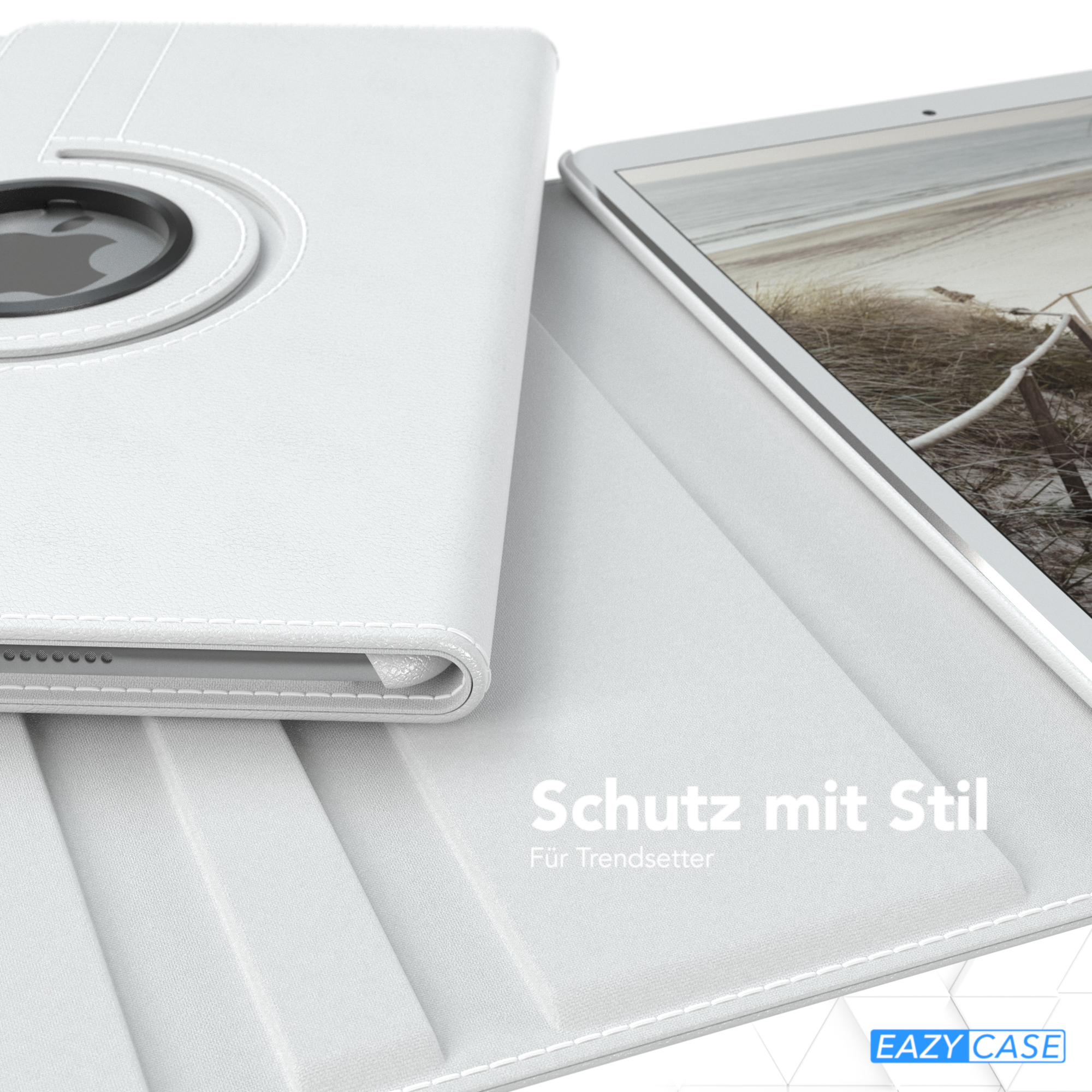 Weiße Tablethülle mit einem Tablet darin. Die Hülle ist geschlossen und hat einen Drehmechanismus.