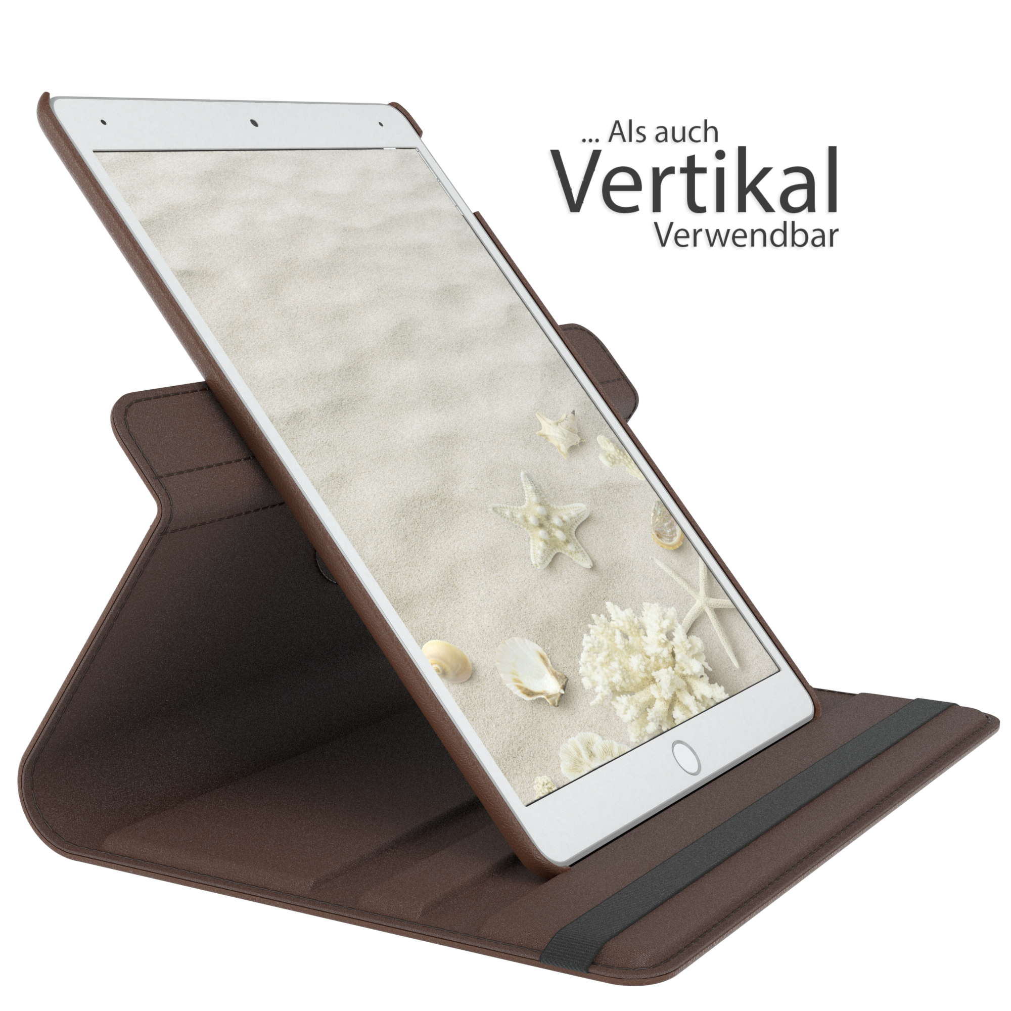 Tablet in brauner Hülle, aufgestellt. Eine Strandszene mit Muscheln wird auf dem Bildschirm angezeigt.
