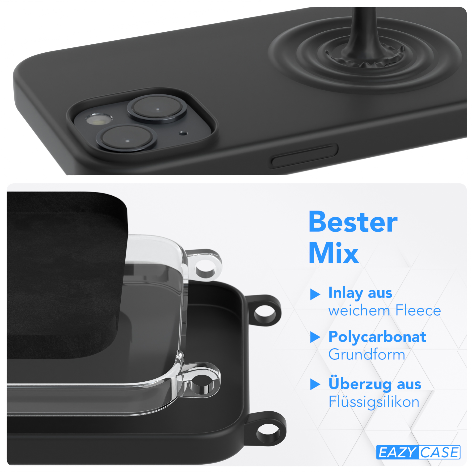 Handy Premium Silikon EAZY Karabiner Hülle, Umhängetasche, Apple, Schwarz CASE Kette iPhone Breit mit / Silber 14,