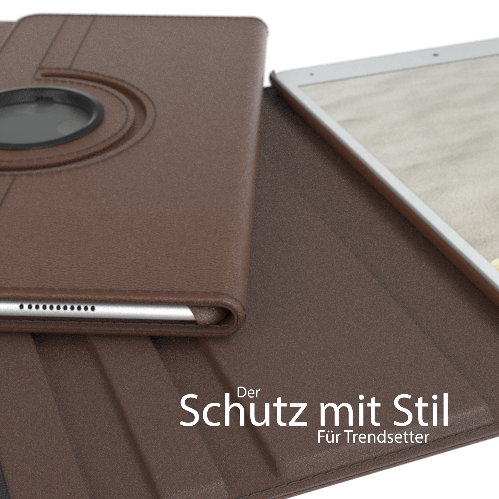 Eine braune Tablethülle offen, zeigt ein Tablet. Die Hülle hat einen kreisförmigen Ausschnitt. Der Text ist deutsch.