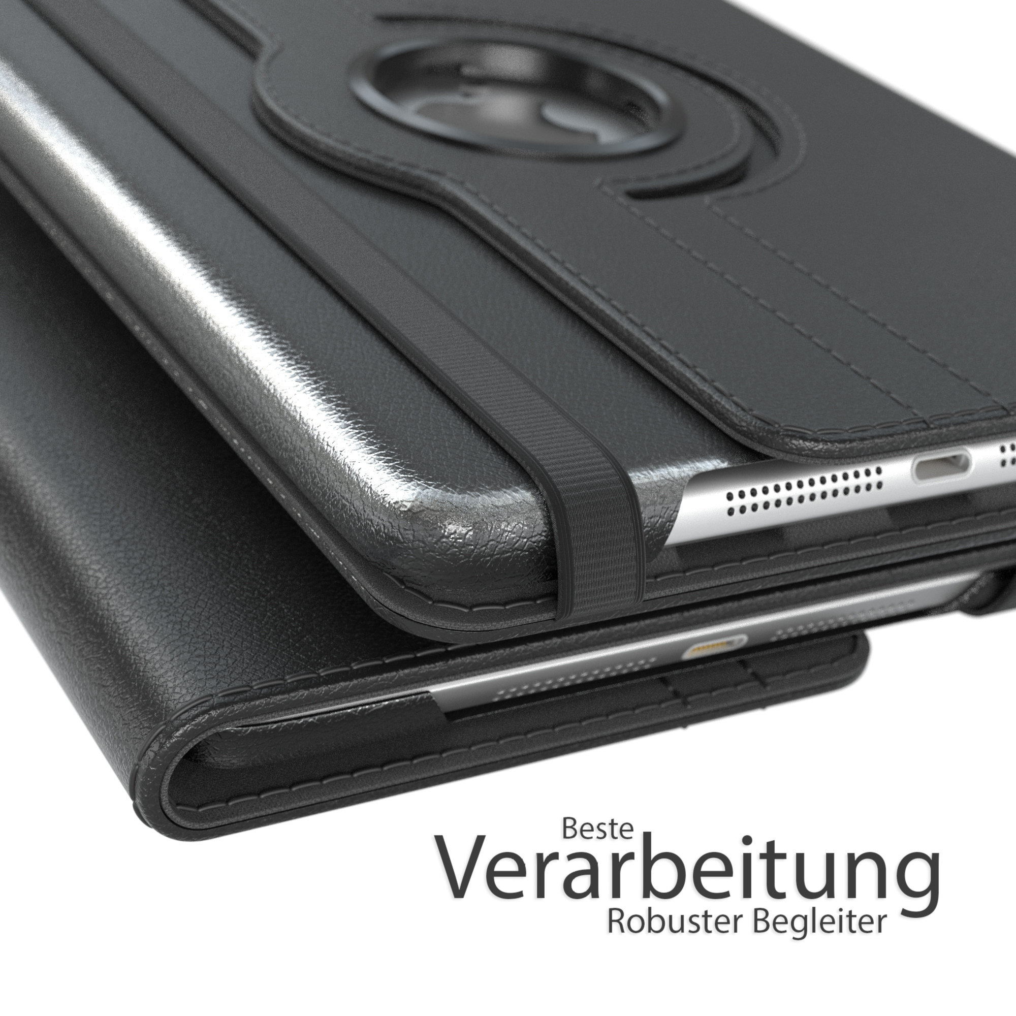 Schwarze Tablethülle mit schwarzem Riemen. Das Tablet ist geöffnet und zeigt einen Bildschirm. Der Hintergrund ist weiß.