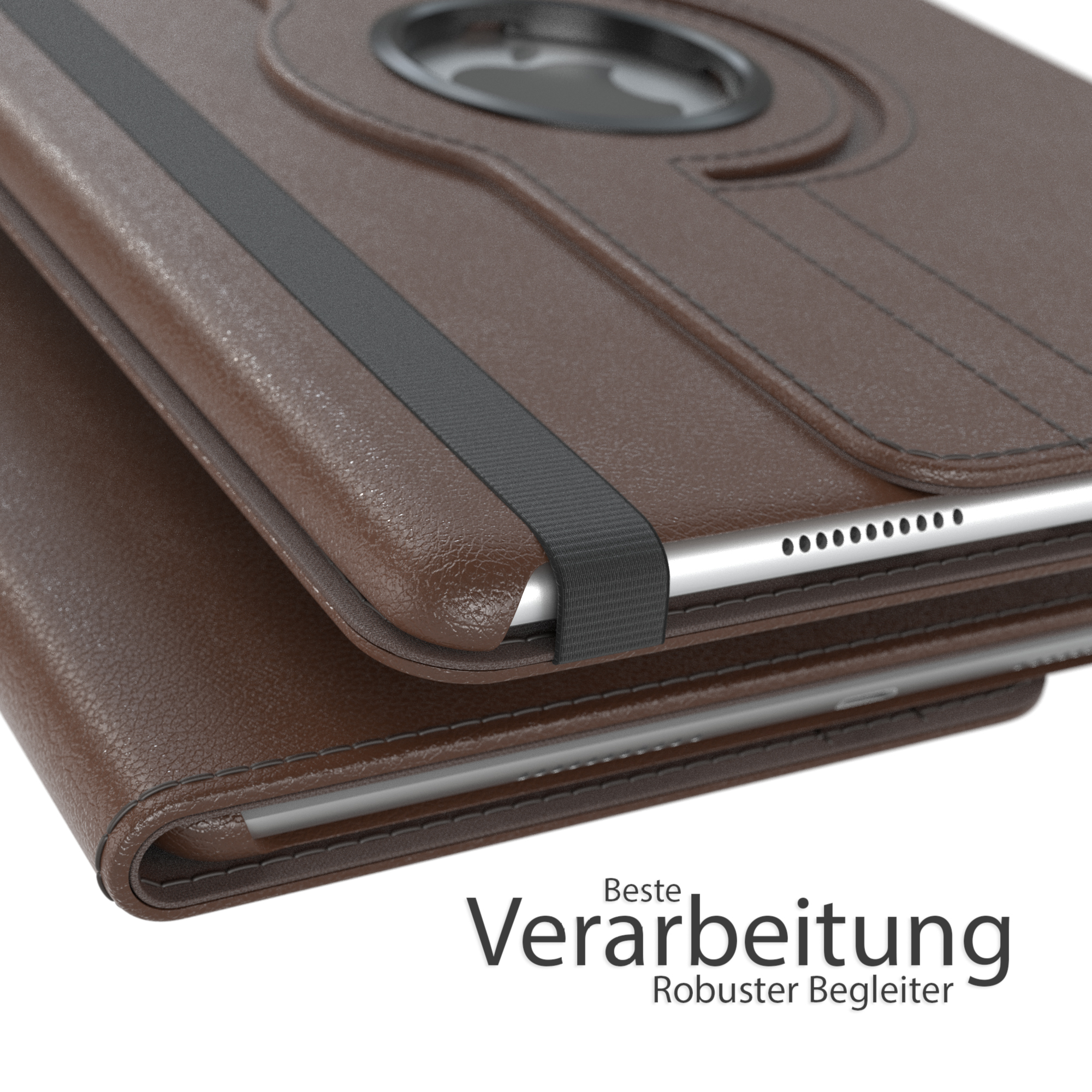 Nahaufnahme einer braunen Tablethülle. Der Text lautet 'Beste Verarbeitung' auf Deutsch.