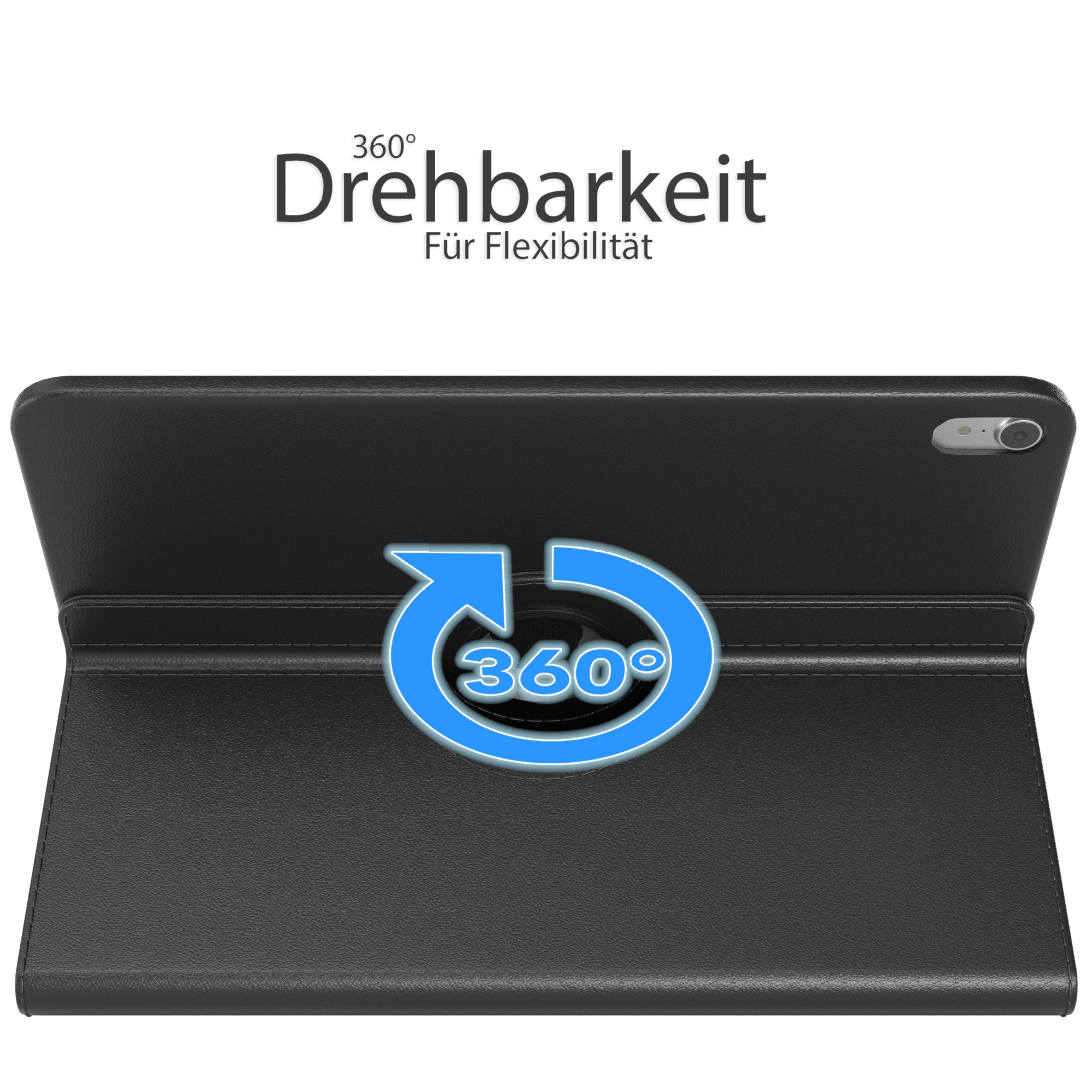 Tablet in einer schwarzen Hülle. Die Hülle zeigt ein 360°-Rotationssymbol. Der Hintergrund ist weiß.
