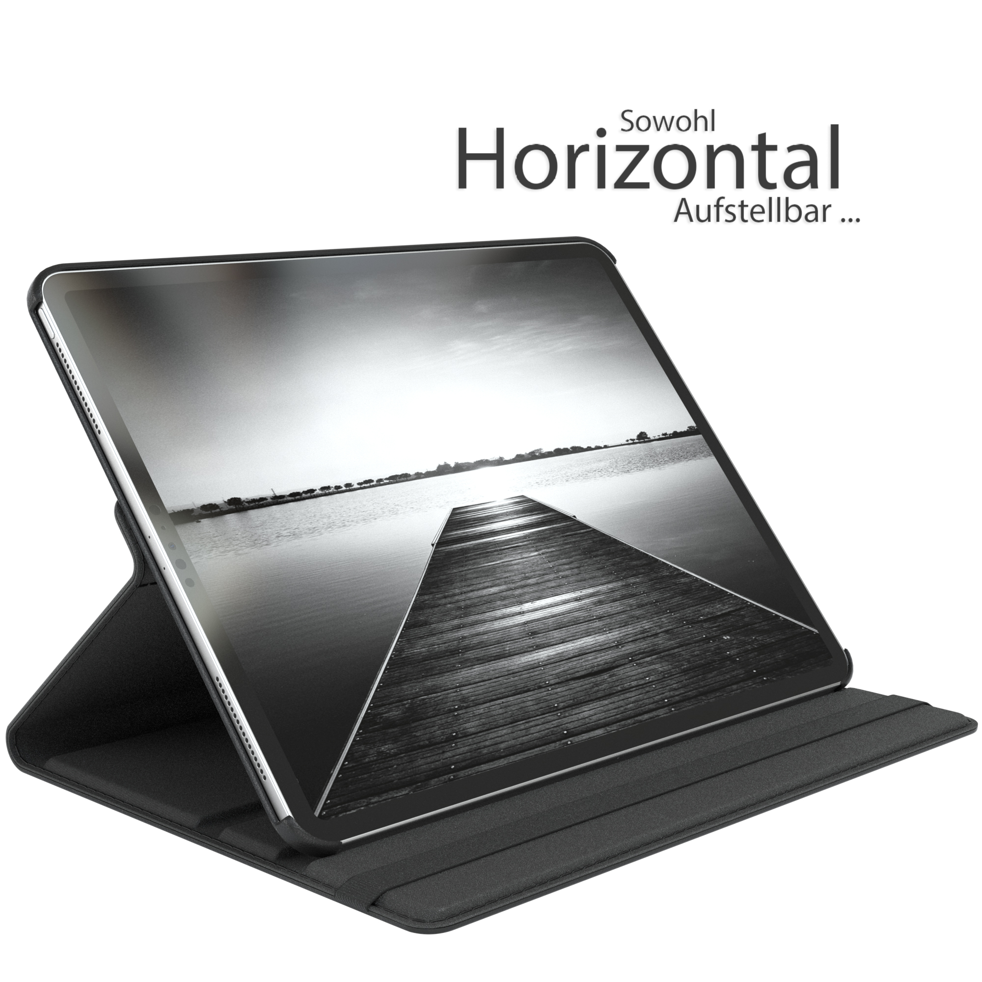 Ein Tablet in schwarzer Hülle, horizontal aufgestellt. Ein Schwarz-Weiß-Landschaftsbild ist auf dem Bildschirm.