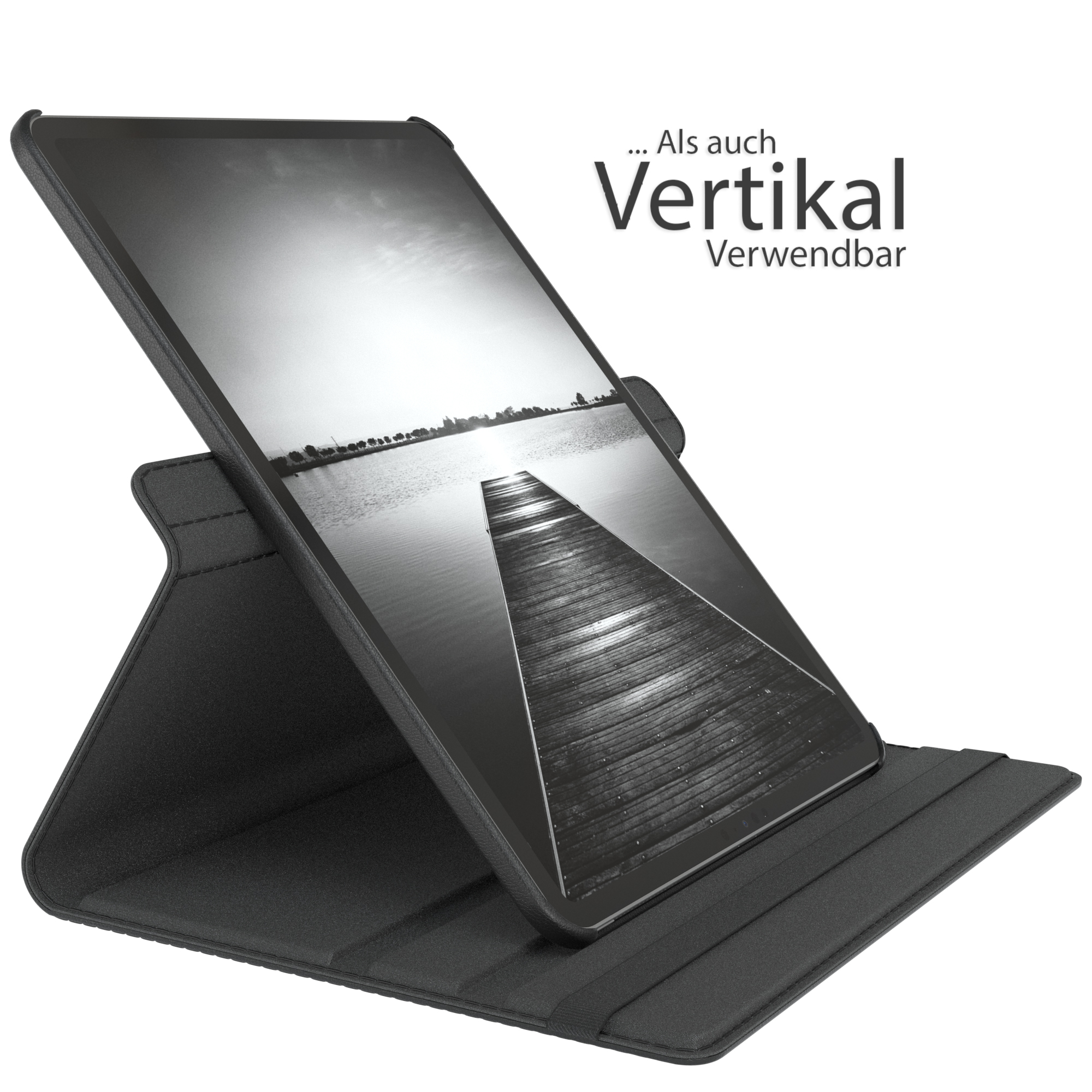 Schwarze Tablethülle, die ein Tablet unterstützt, das ein Schwarz-Weiß-Landschaftsfoto anzeigt.