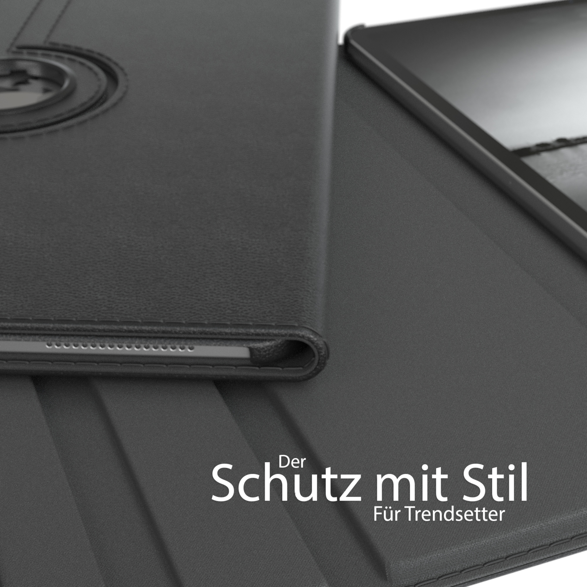 Schwarze Tablethülle mit geschlossenem Deckel. Die Hülle liegt auf grauem Untergrund.