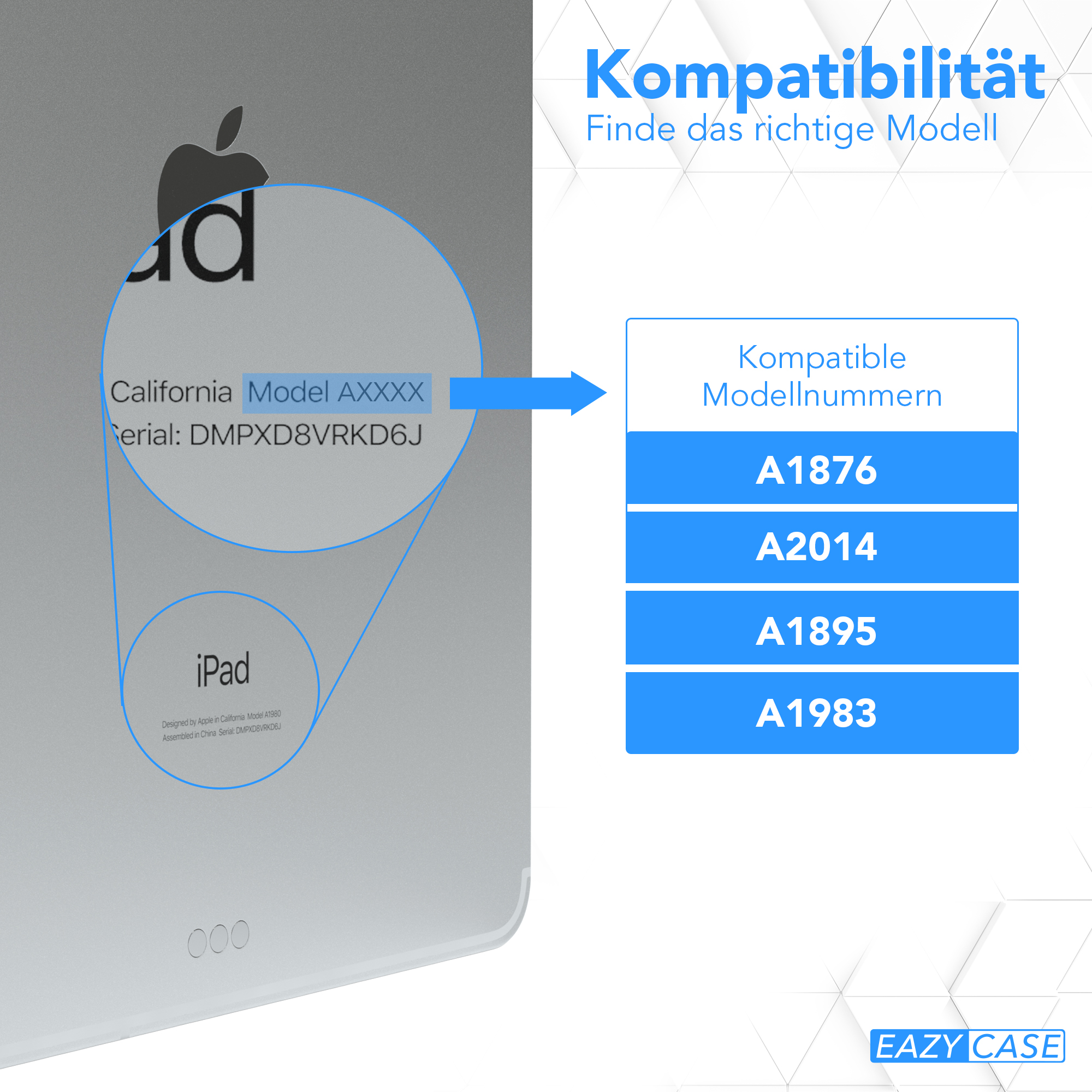 iPad mit Details. Zeigt Modell- und Seriennummer.