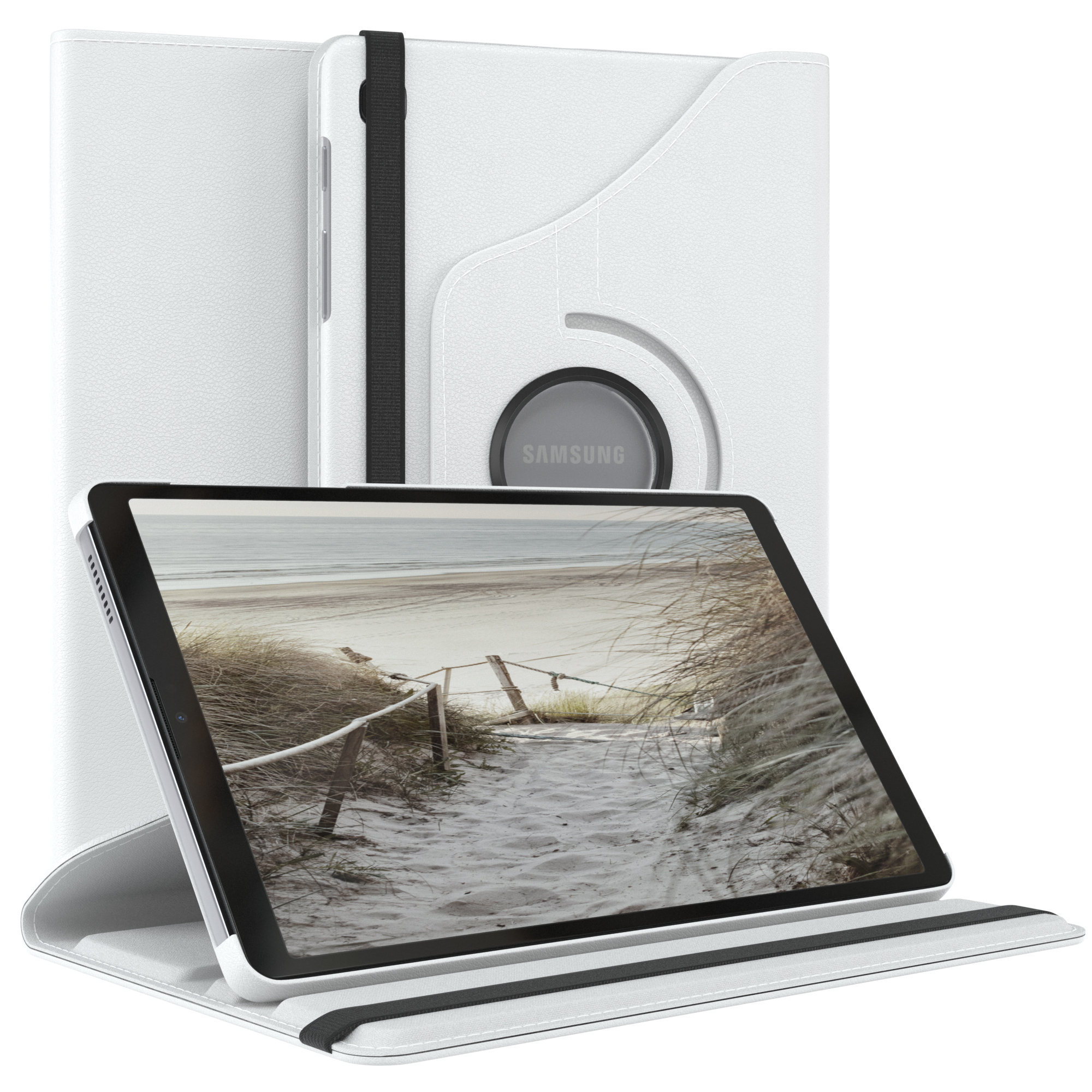 Weißes Tablet-Case mit einem Tablet, das eine Strandszene zeigt.