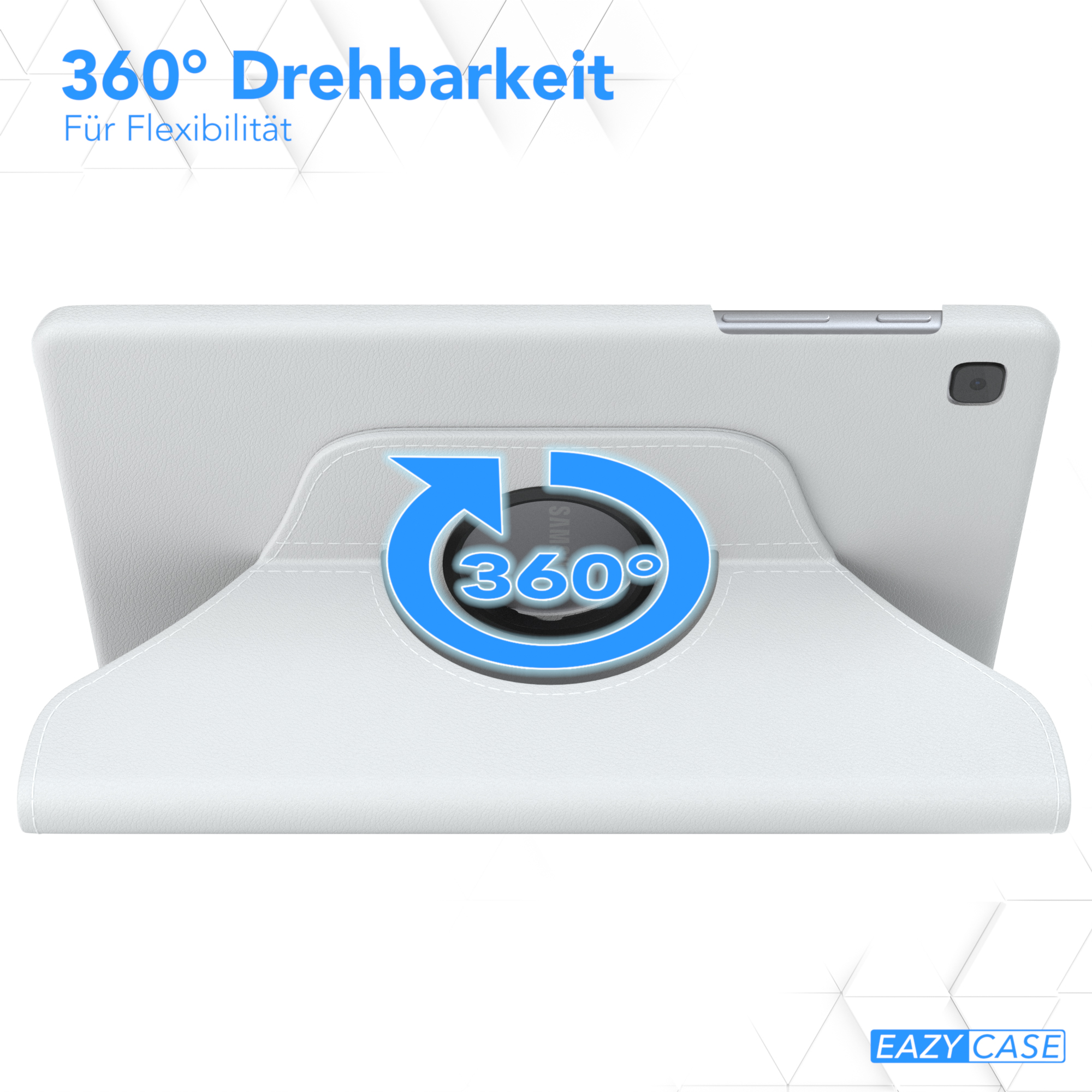 Weiße Tablettasche mit Tablet, das eine 360-Grad-Drehung zeigt. Text auf Deutsch.