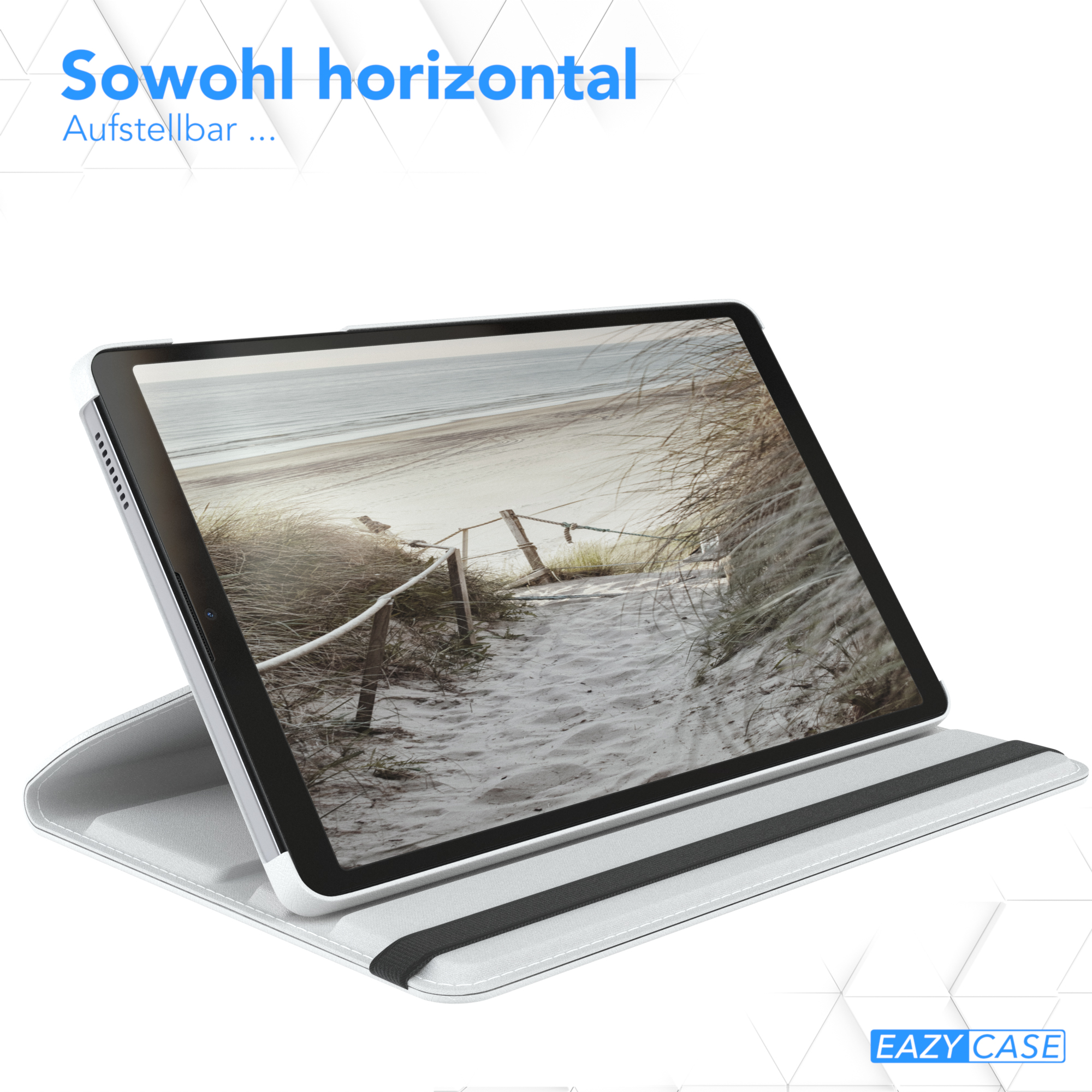 Tablet in Hülle. Strandansicht auf dem Bildschirm. Weiße und graue Hülle.