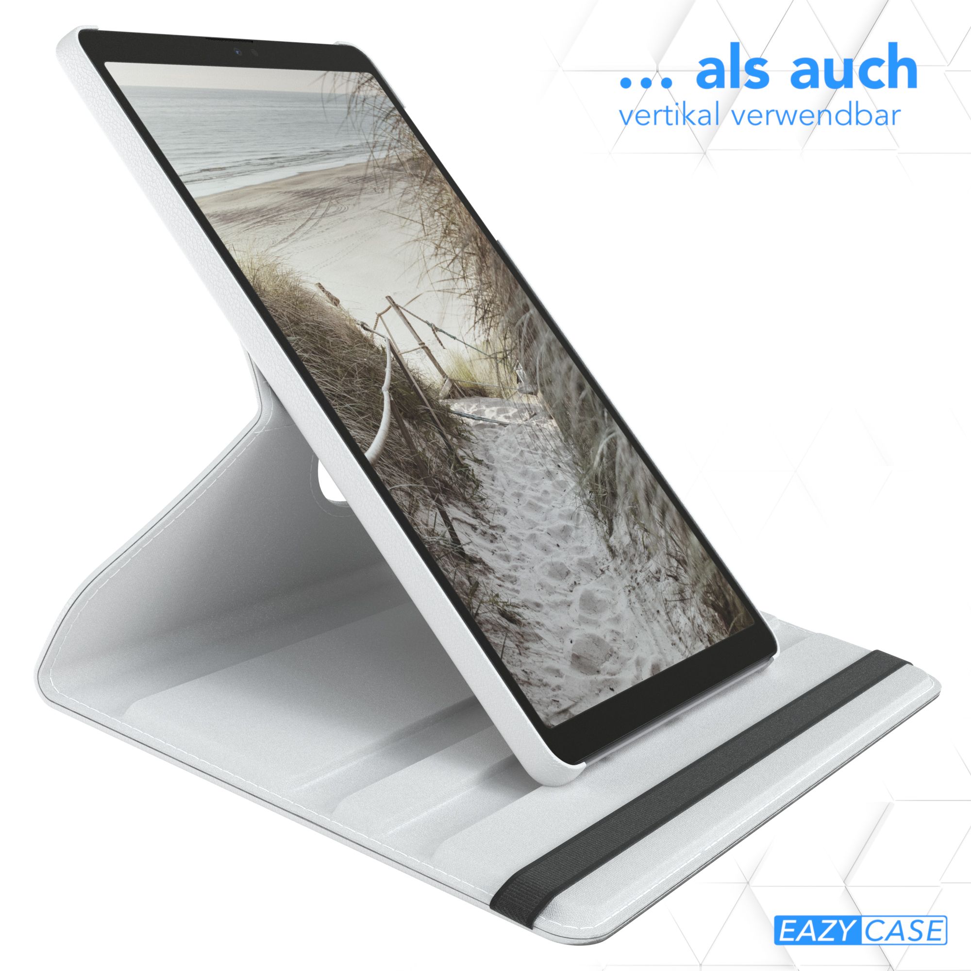 Tablet in weißem Gehäuse. Der Bildschirm zeigt einen Strandweg. Gehäuse ist aufrecht.