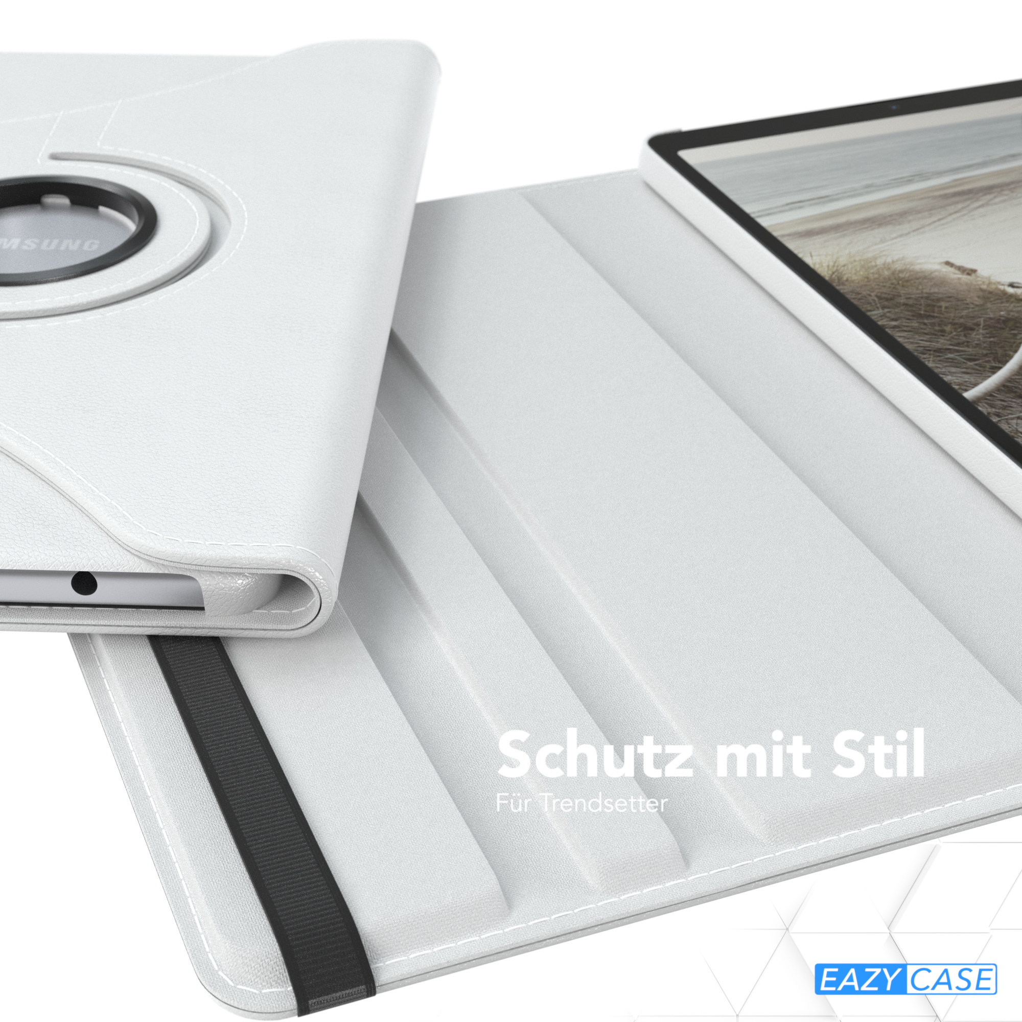 Weiße Tablethülle, aufgeklappt. Schwarzer Gummizug. Der Text Schutz mit Stil ist auf dem Cover sichtbar.