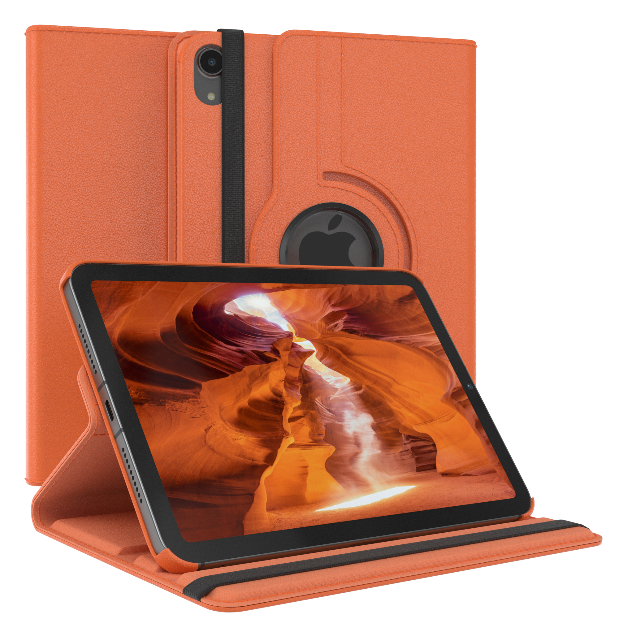 Ein oranges Tablet in einem Case. Der Bildschirm zeigt eine orangefarbene Canyonlandschaft. Es gibt ein Band.