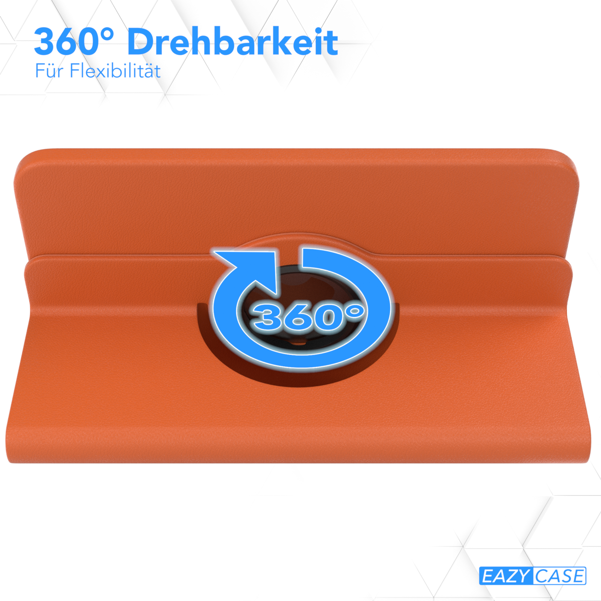 Ein orangefarbener Tablet-Ständer mit einem 360-Grad-Rotationssymbol.