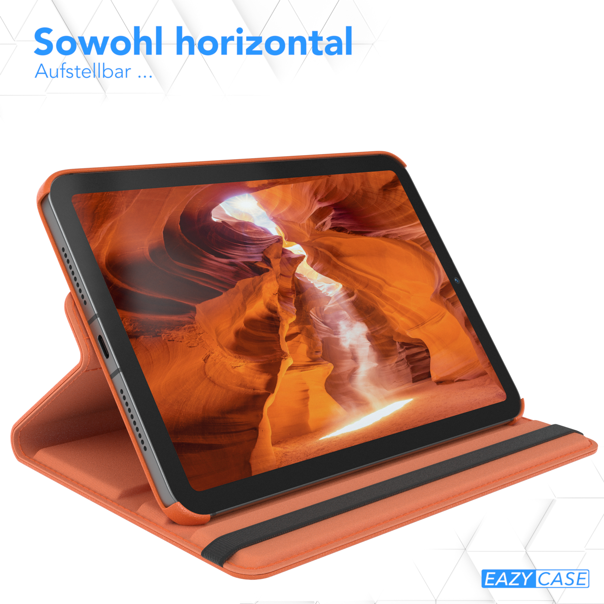 Oranges Tablet in orangefarbener Hülle, geöffnet. Der Bildschirm zeigt einen orangefarbenen Hintergrund.