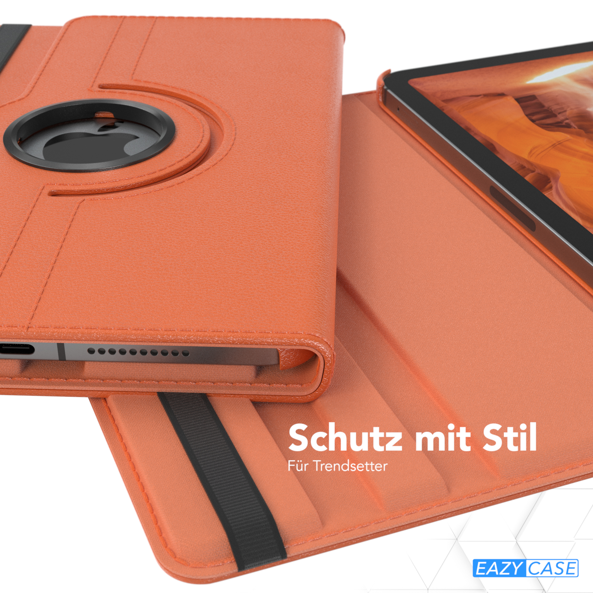 Orange Tablettasche mit Tablet darin. Text auf Deutsch. Hintergrund: schwarzer Riemen.
