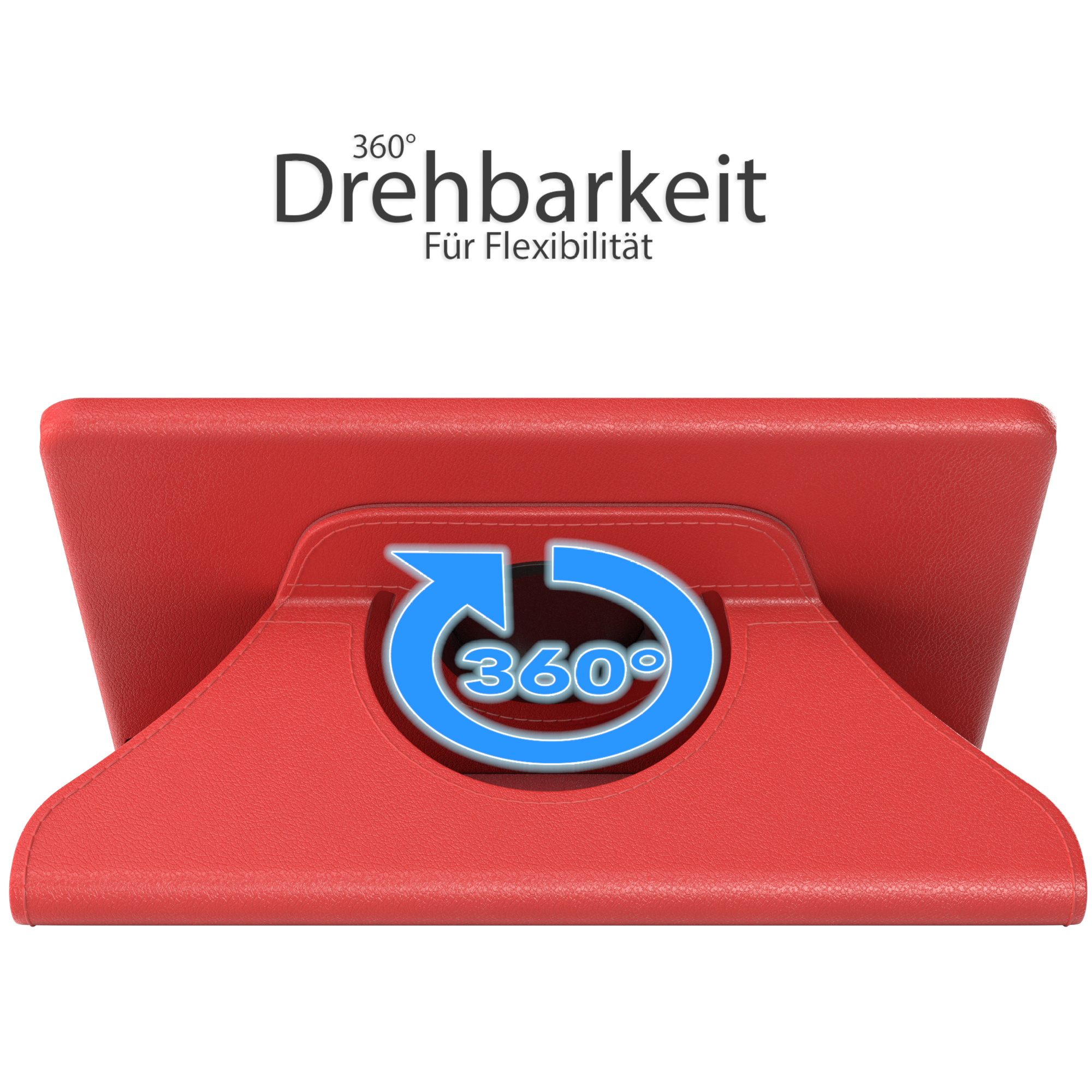 Rote Tablethülle im Stand. Text: 360 Grad Drehbarkeit für Flexibilität. Blauer Pfeil.