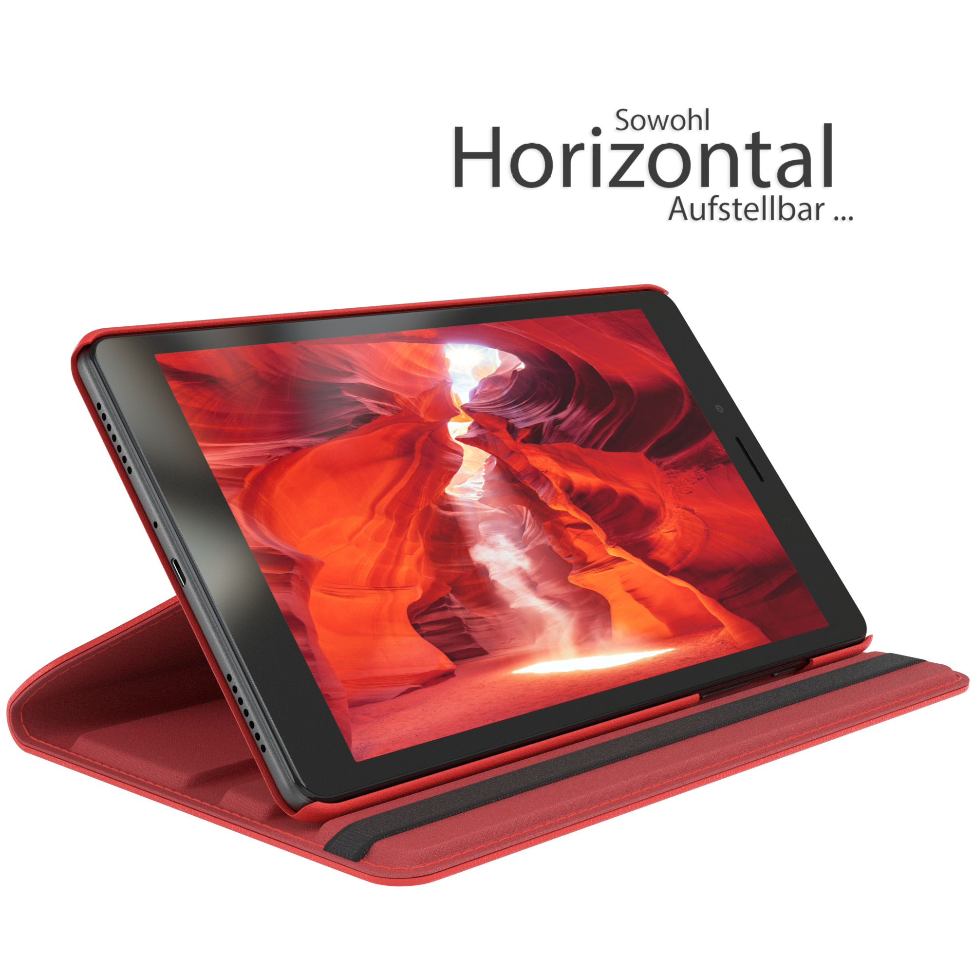 Tablet in rotem Gehäuse, zeigt ein rotes Canyon-Bild. Text oben: 'Horizontal'.