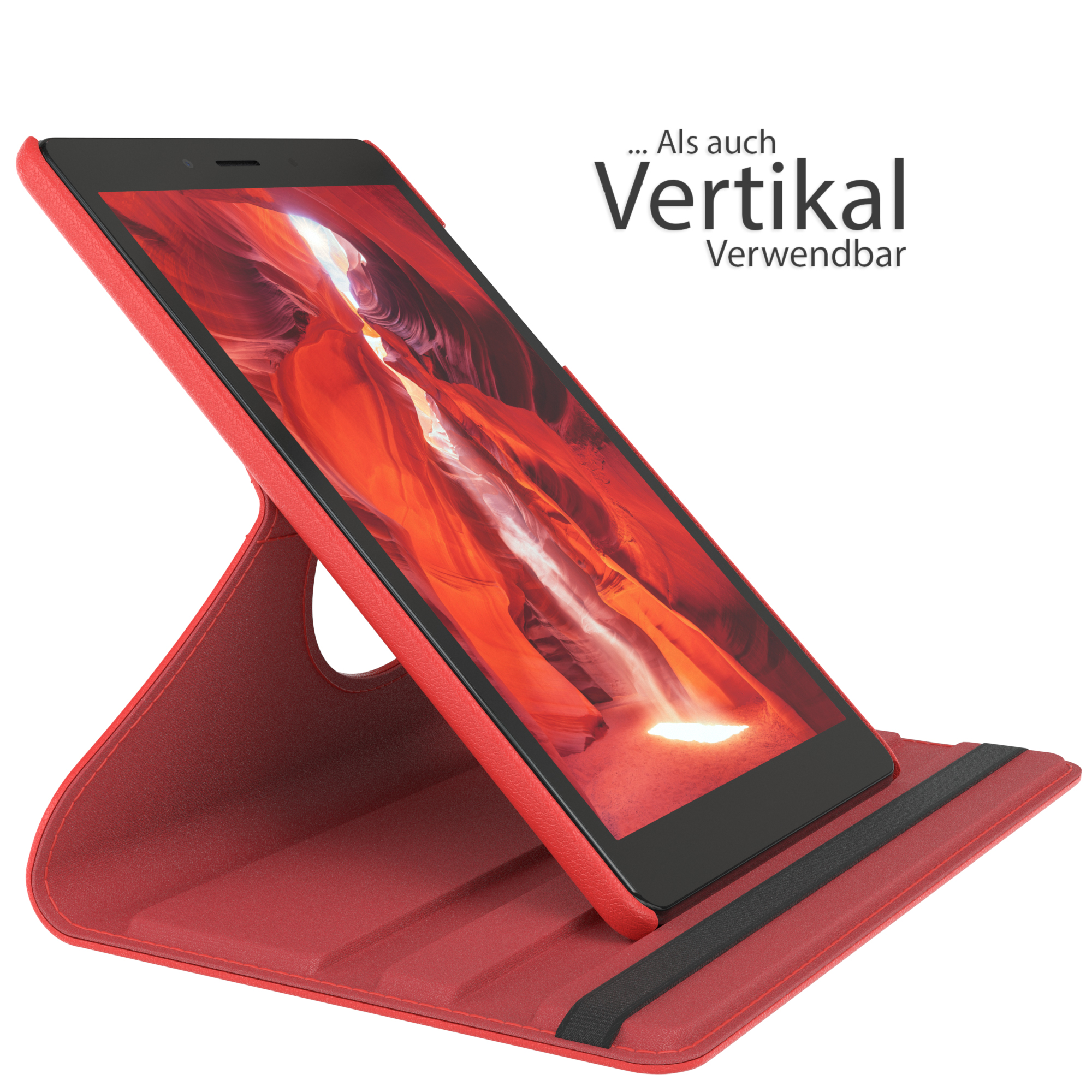 Ein rotes Tablet in einem Ständer mit roter Hülle, das ein Landschaftsbild auf dem Bildschirm zeigt.
