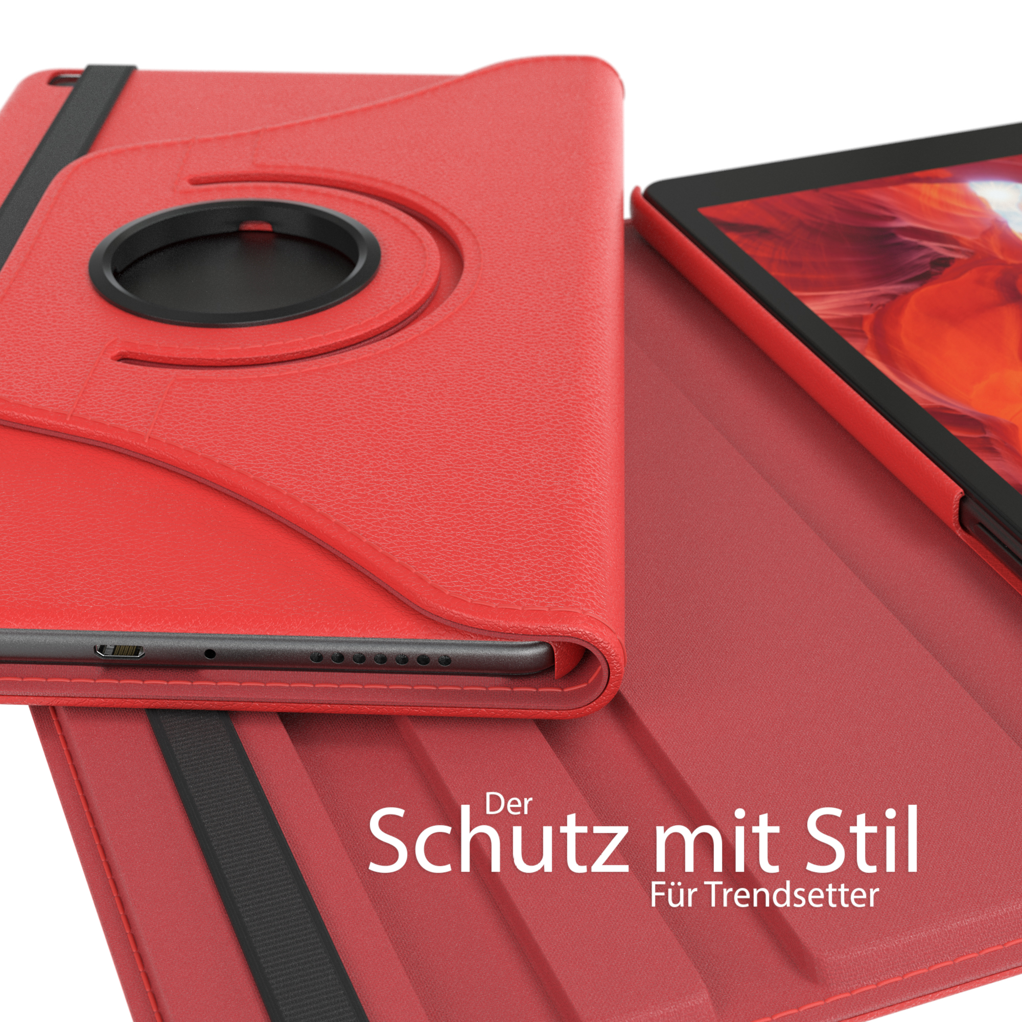 Eine rote Tablethülle geöffnet, zeigt das Tablet im Inneren. Die Hülle hat einen Drehring und einen schwarzen Riemen.