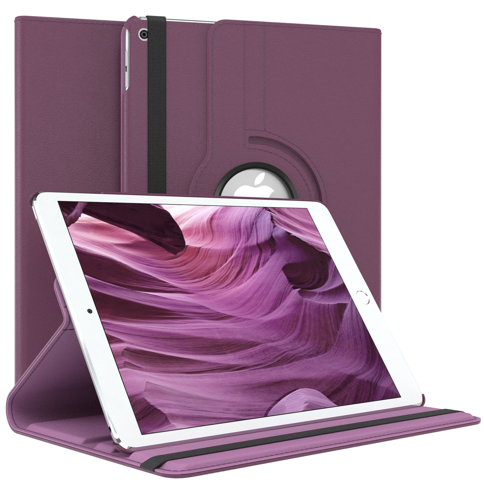 Lilafarbene Tablethülle mit Tablet, das eine Schluchtszene zeigt. Der Hintergrund hat eine zweite geschlossene Hülle.