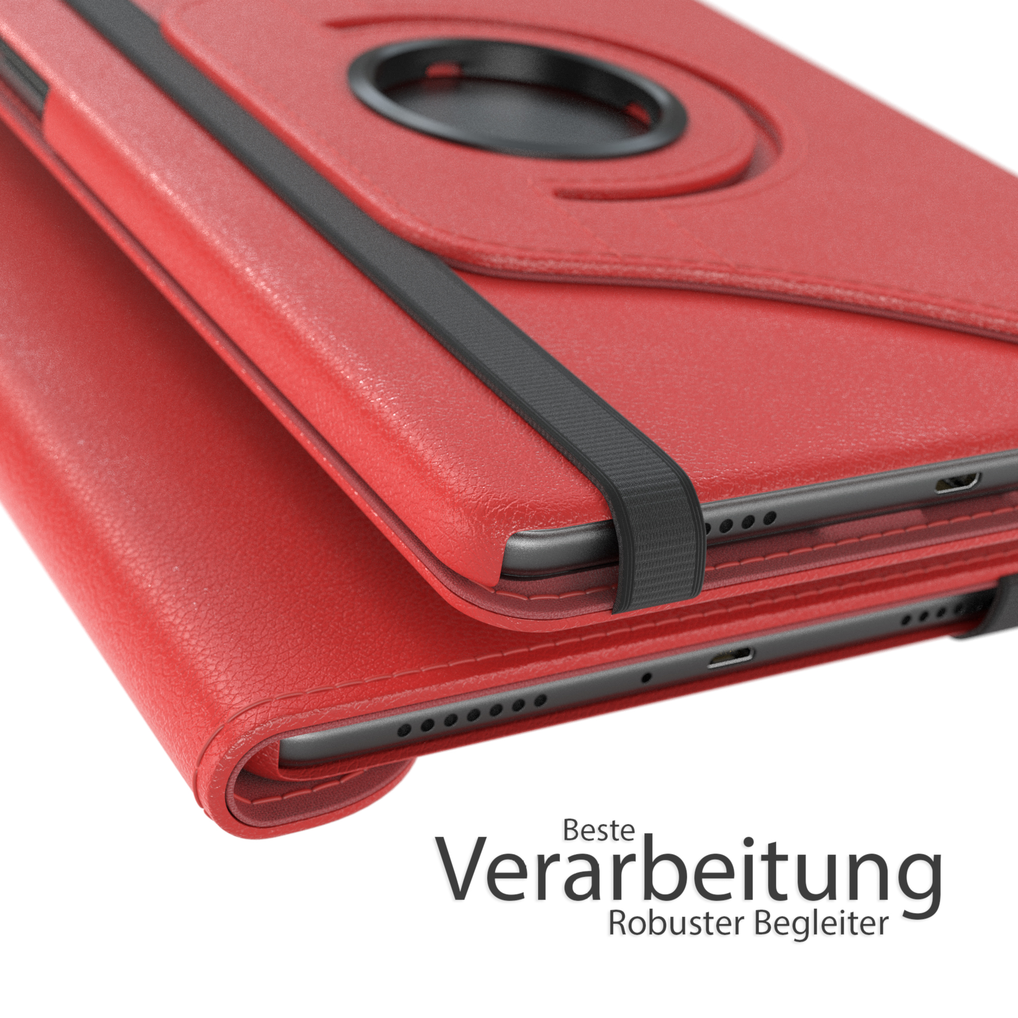 Rote Tablet-Hülle gefaltet, die Hülle liegt auf weißer Oberfläche.
