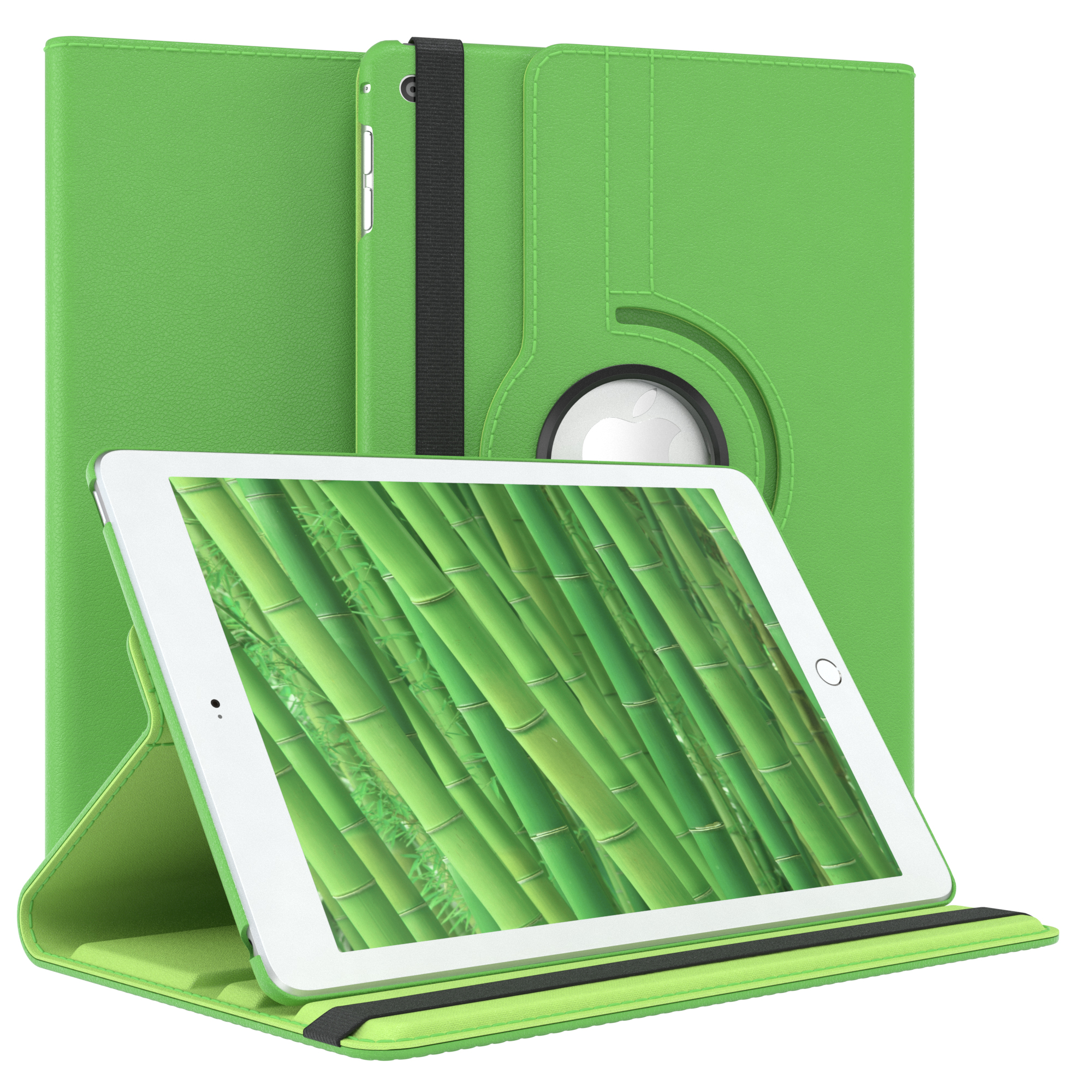 Grüne Tablet-Hülle mit geöffnetem weißen Tablet, das Bambus zeigt.