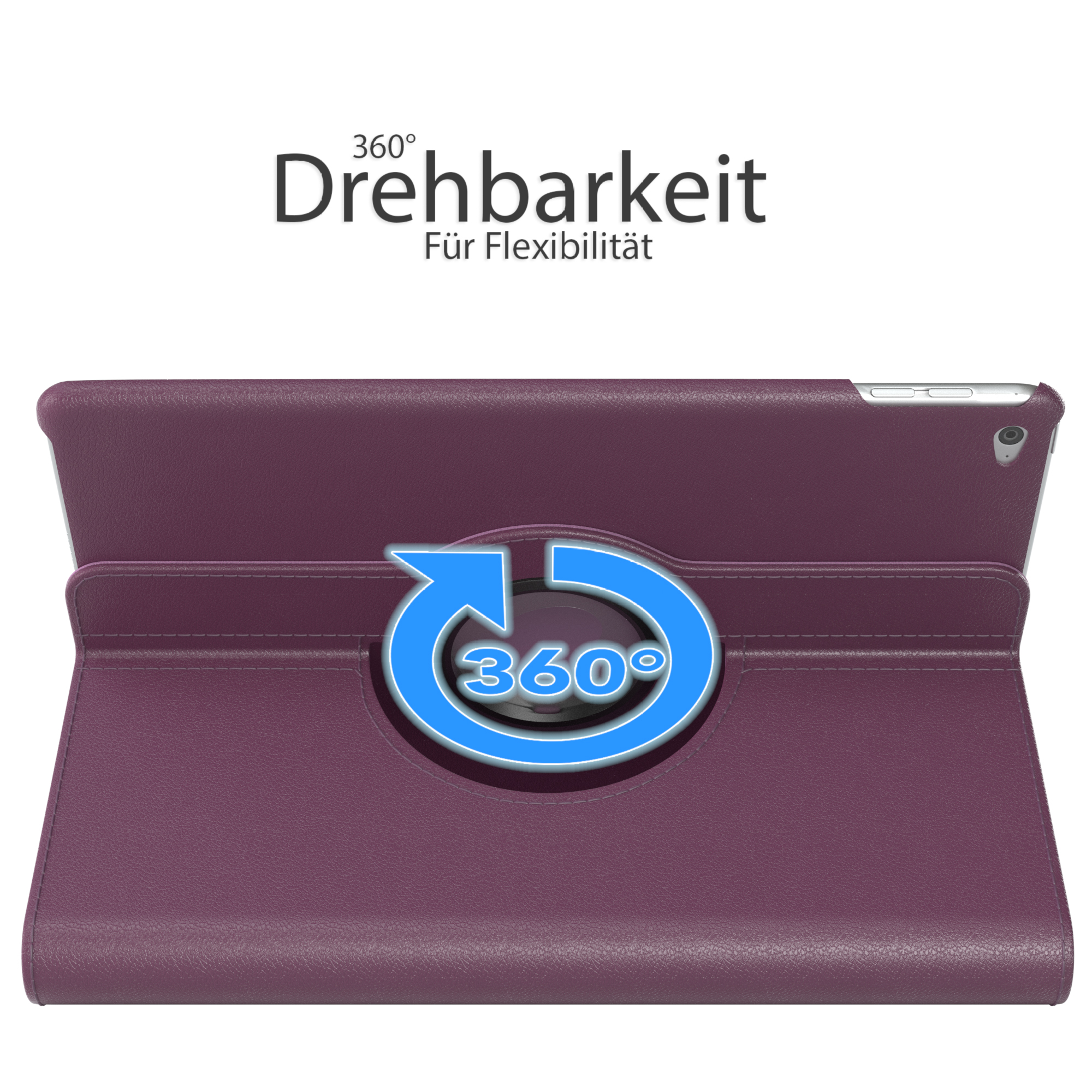 Tablet in lila Hülle mit drehbarem Scharnier.