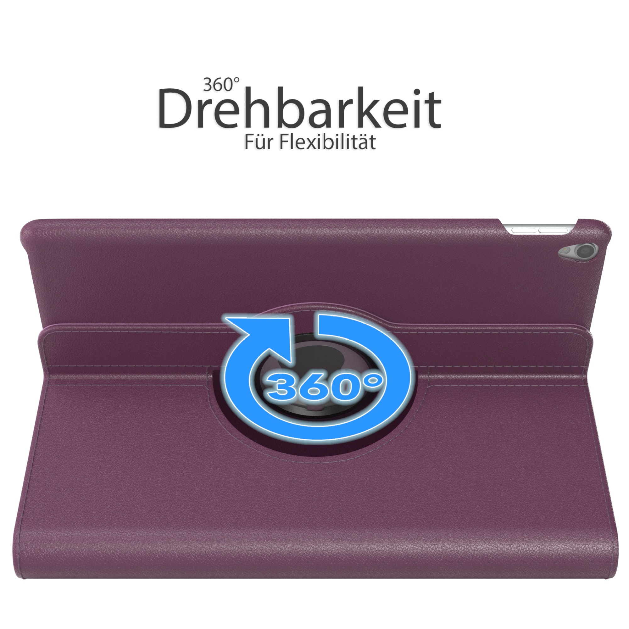 Lila Tablet-Hülle mit einer 360°-Rotationsgrafik. Text: 'Drehbarkeit Für Flexibilität'.