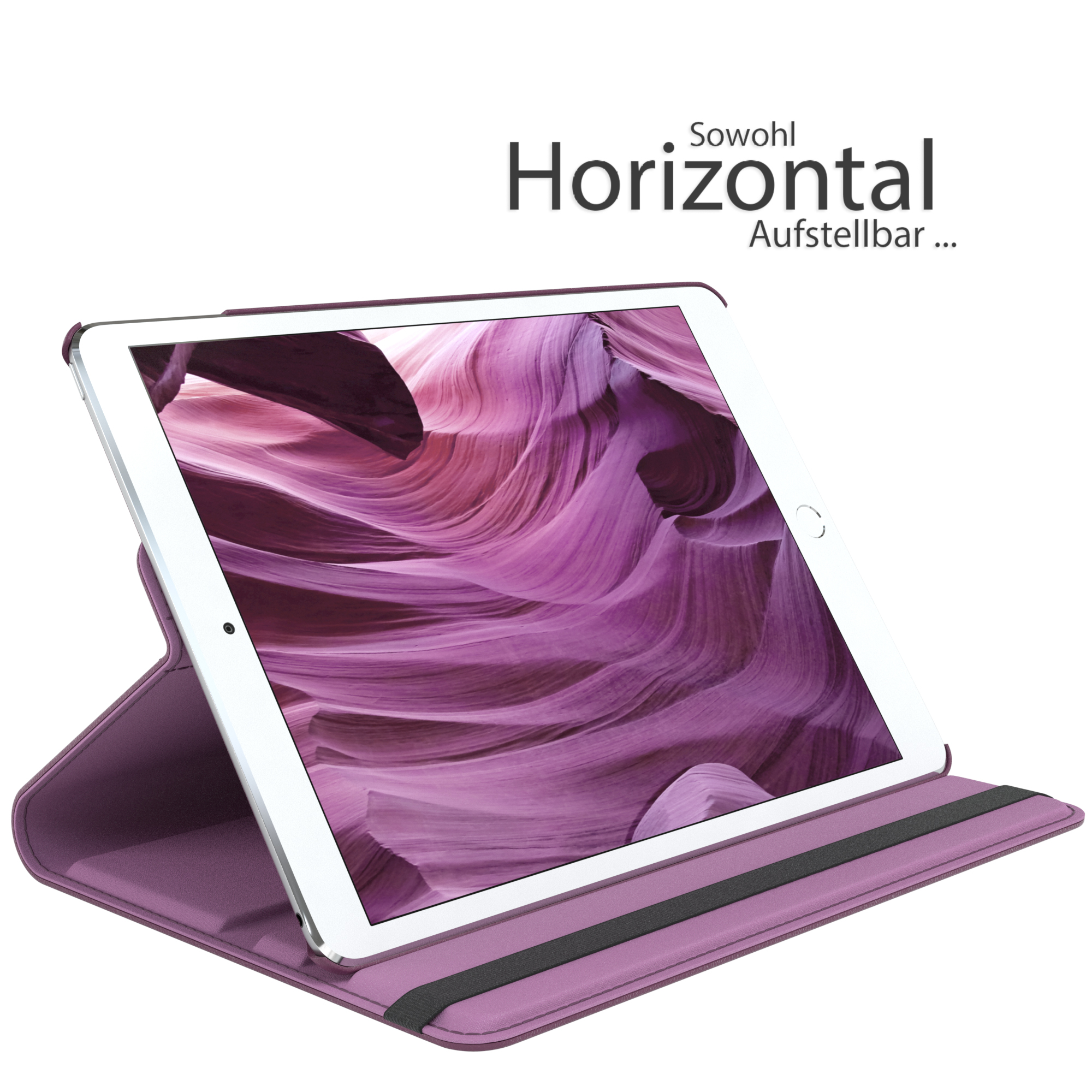 Ein lilafarbenes Tablet in einer Hülle, aufrecht stehend. Der Hintergrund zeigt einen Canyon.