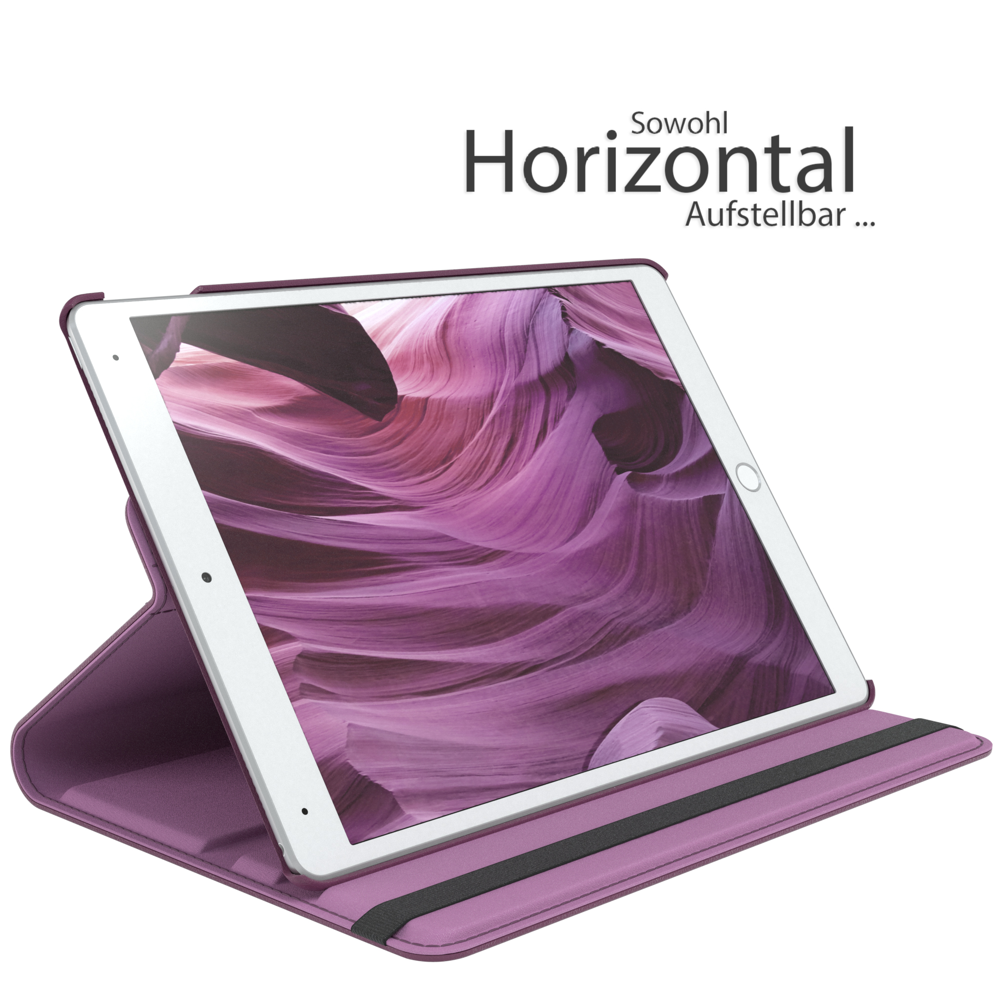 Tablet in lila Hülle, Bildschirm zeigt lila Canyonszene. Hülle ist offen, mit schwarzem Gurt.