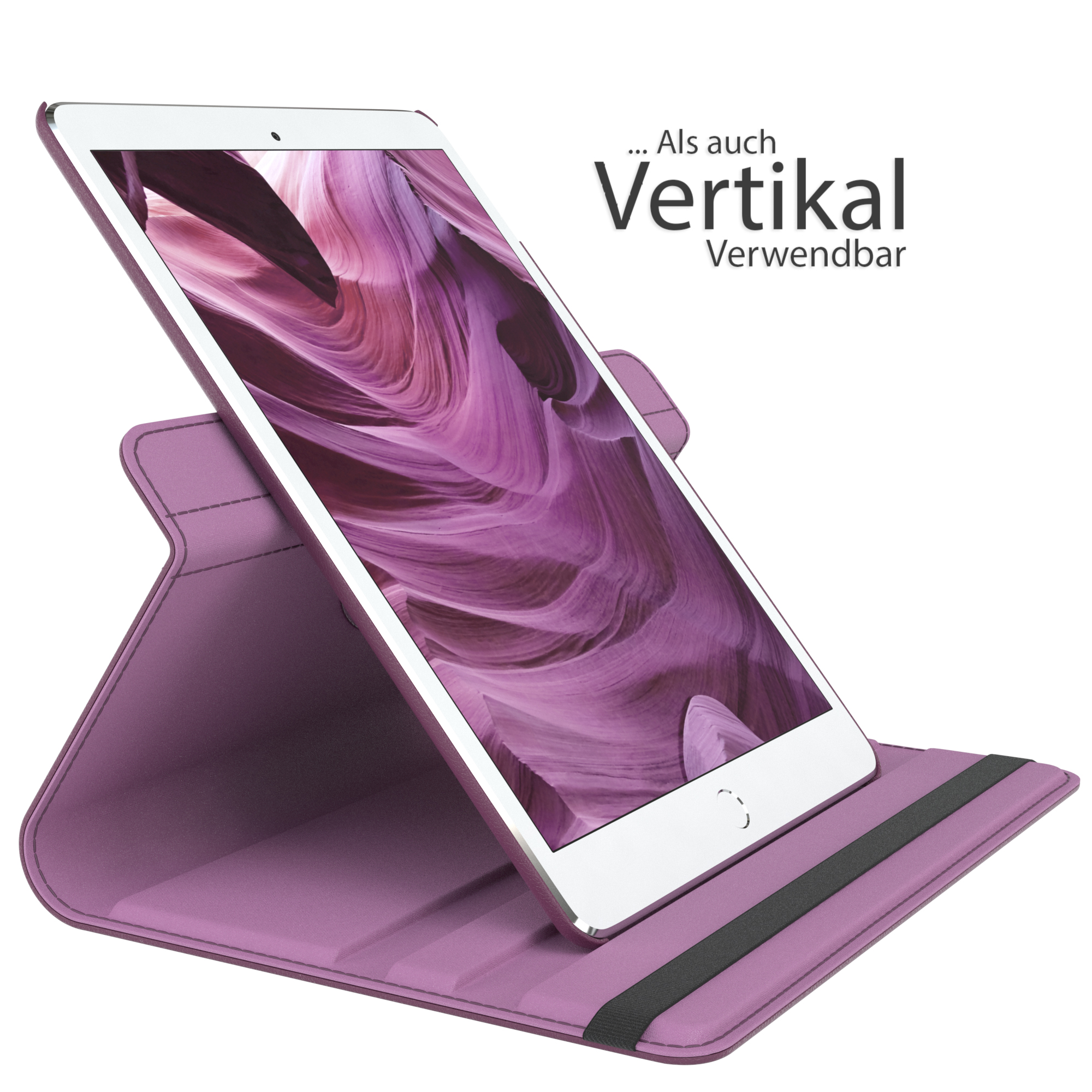 Lila Tablet im Ständer. Text: Vertikal verwendbar.