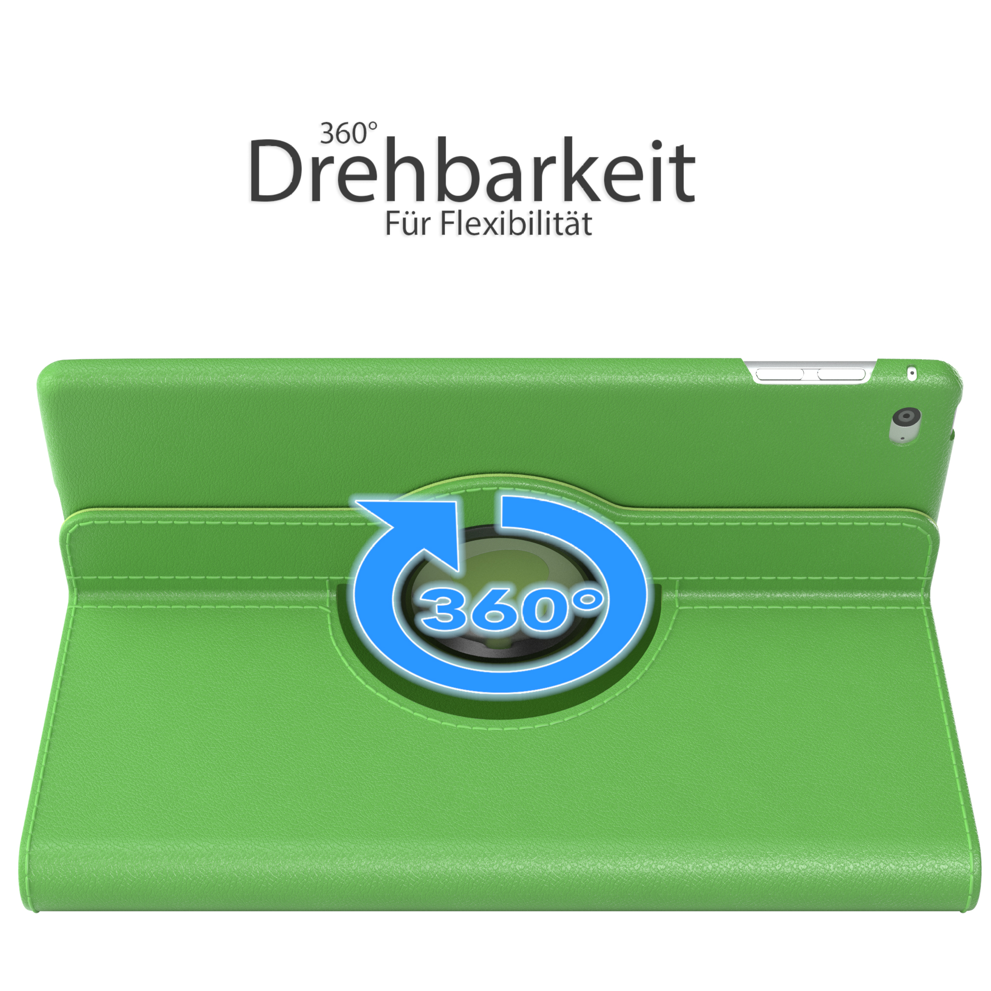 Grüne Tablethülle auf weißem Hintergrund, mit 360-Grad-Drehpfeil.