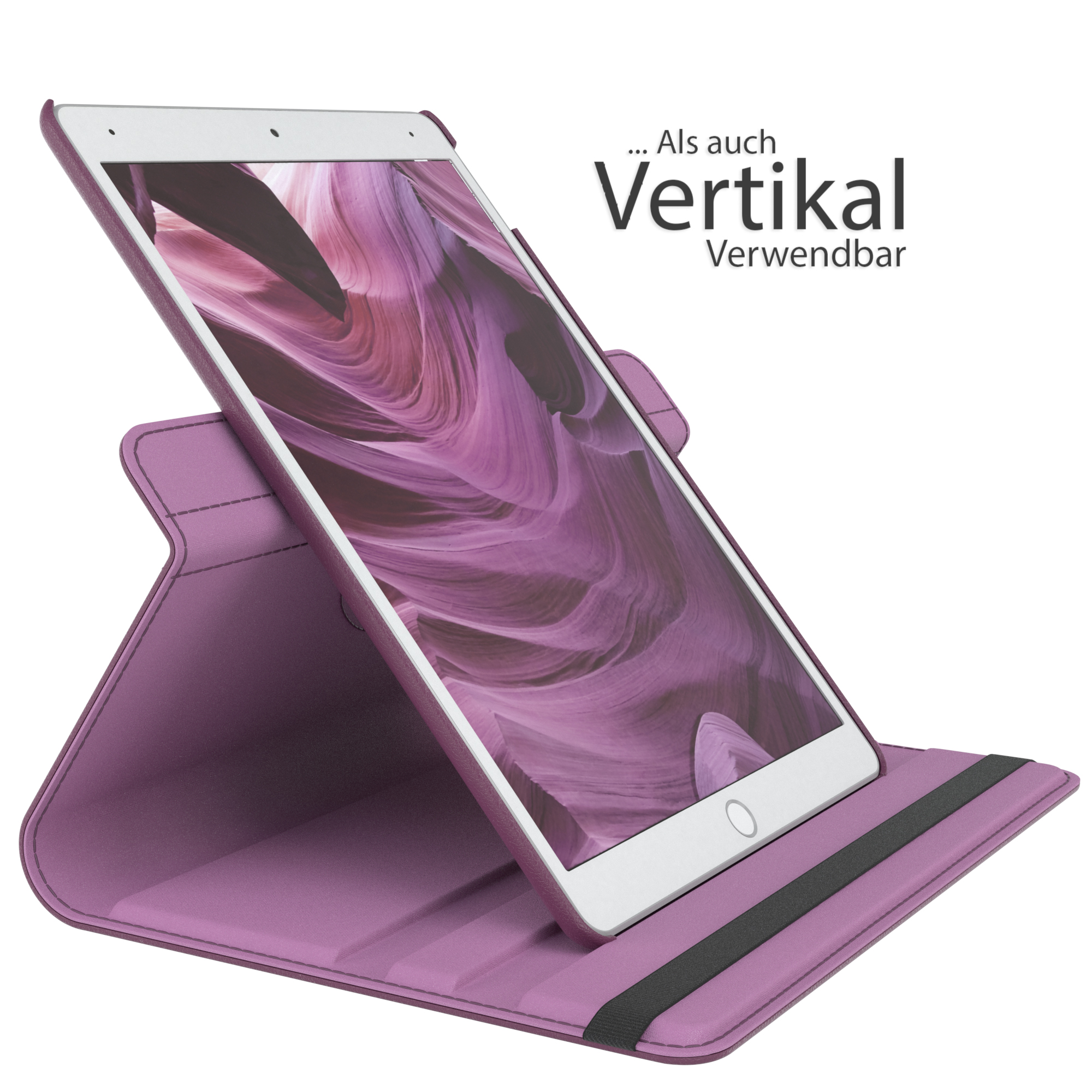Ein Tablet befindet sich in einem lila Gehäuse. Das Tablet befindet sich in vertikaler Position.
