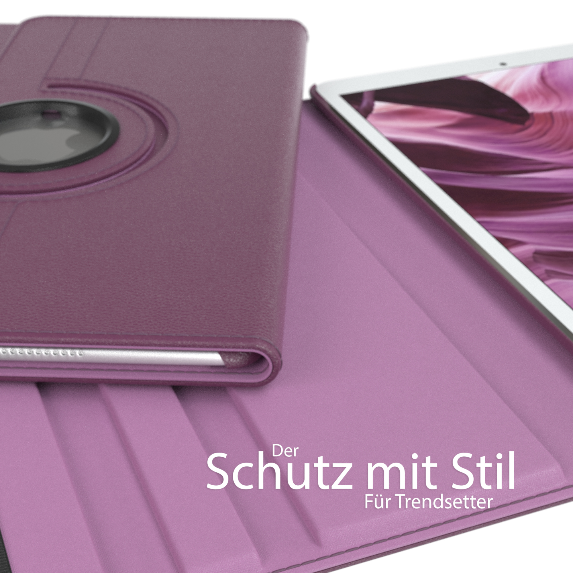 Lila Tablet-Hülle mit schwarzem, kreisförmigem Scharnier. Die Hülle ist geöffnet und zeigt einen Bildschirm.