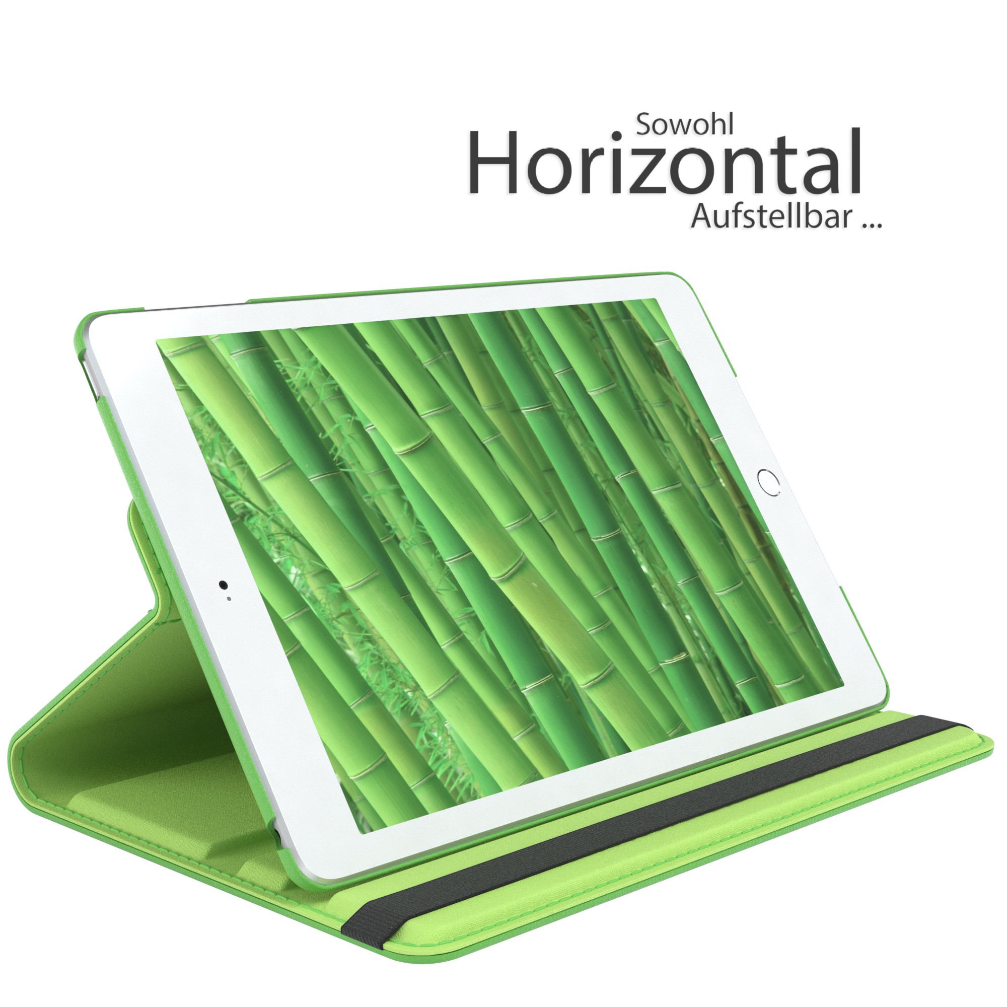 Eine grüne Tablethülle mit einem Tablet darin, das eine Bambuswaldszene zeigt.